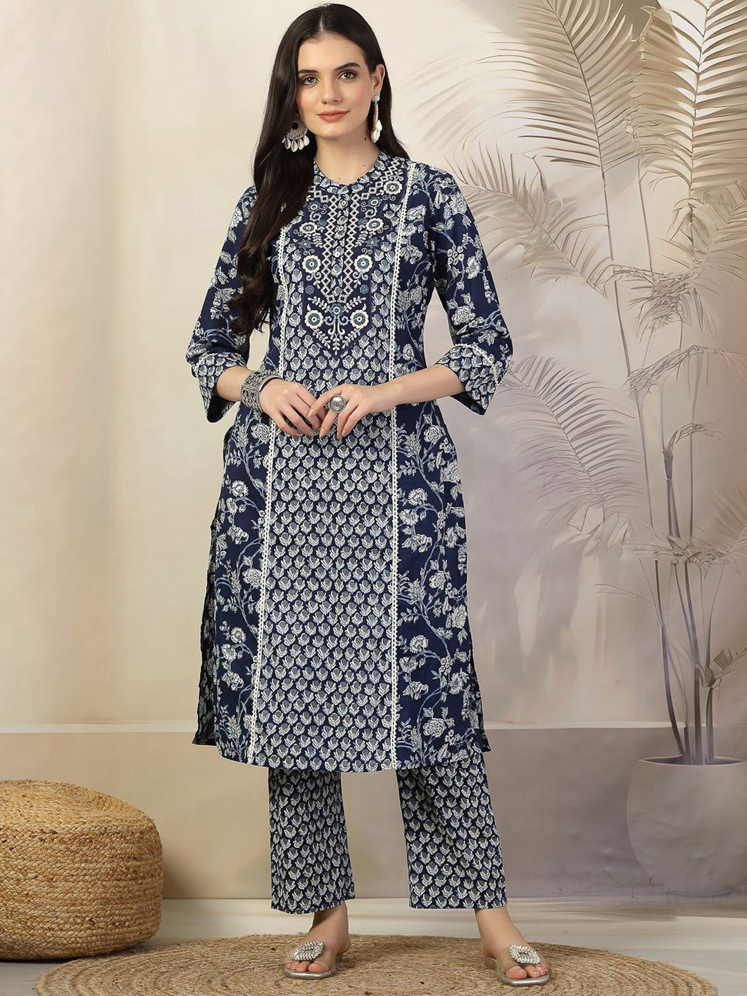 

Nayam By Lakshita Floral Printed Mandarin Collar Thread Work Straight Kurta with Palazzos, Navy blue
