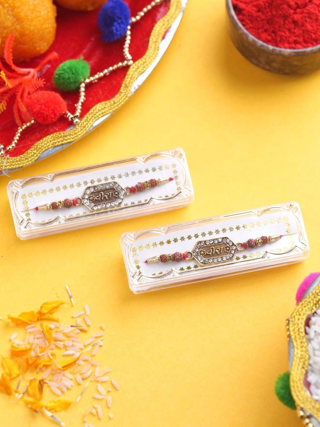 

Crunchy Fashion Set of 2 Beaded Thread Rakhis, Gold