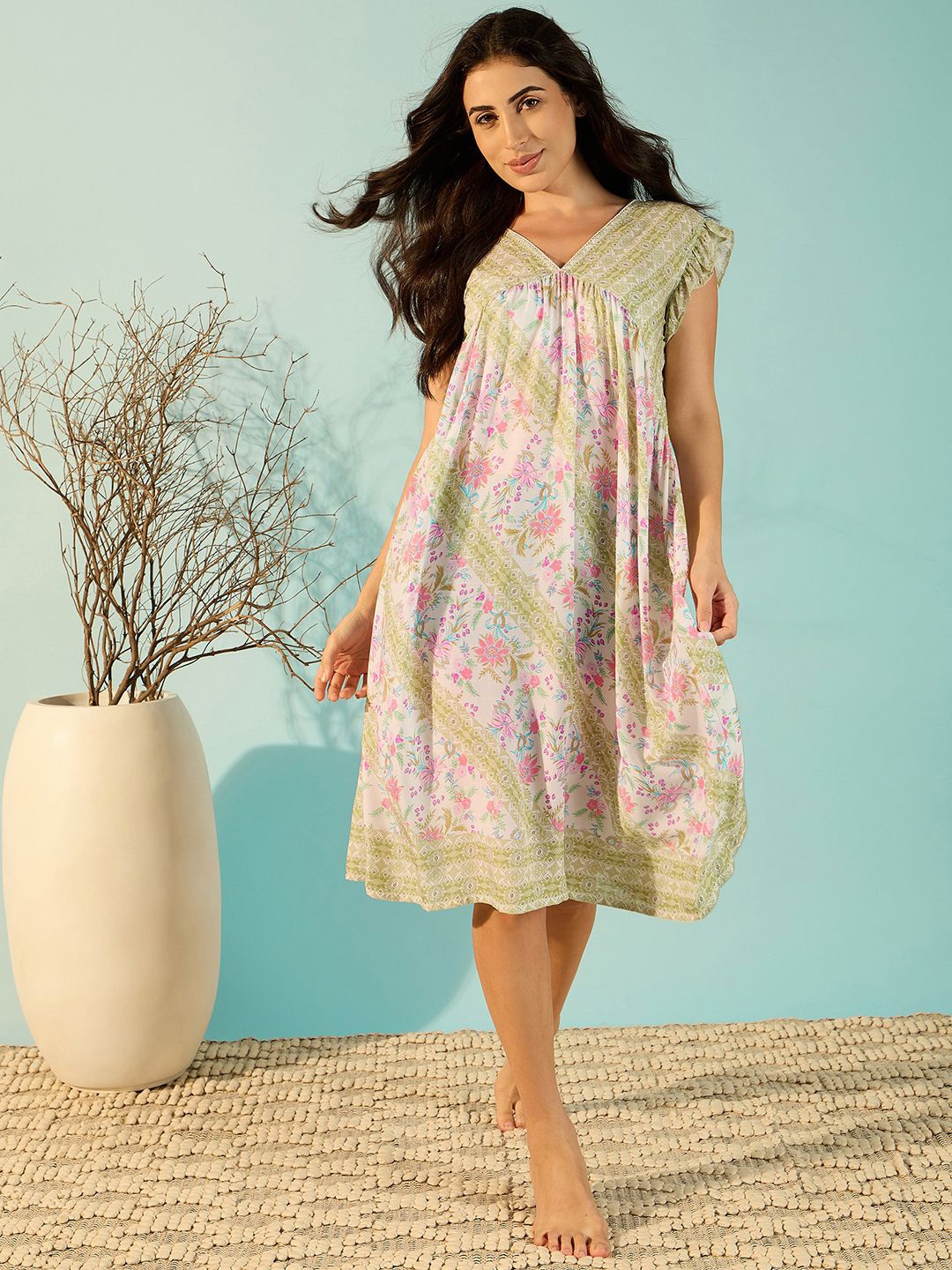 

The Kaftan Company Printed Nightdress, Olive