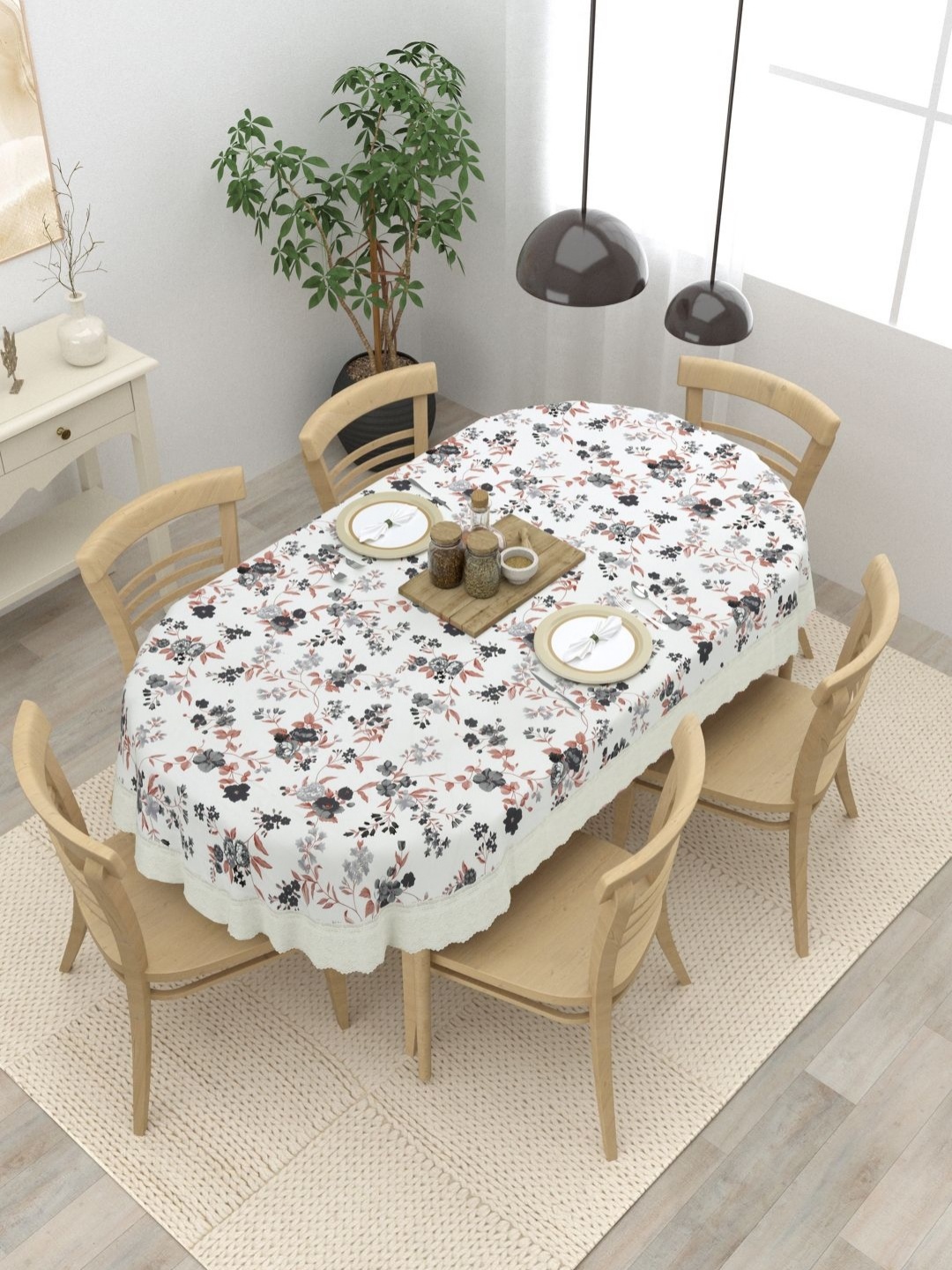 

Clasiko Grey & White Floral Printed Anti Slip Oval 6 Seater Table Cover