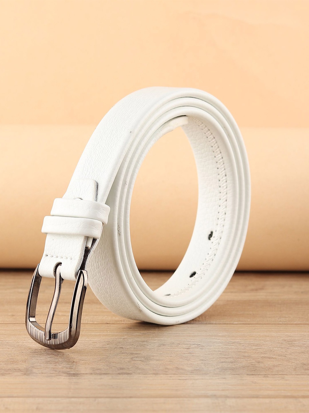 

WINSOME DEAL Women Tang Closure Textured Formal Belt, White