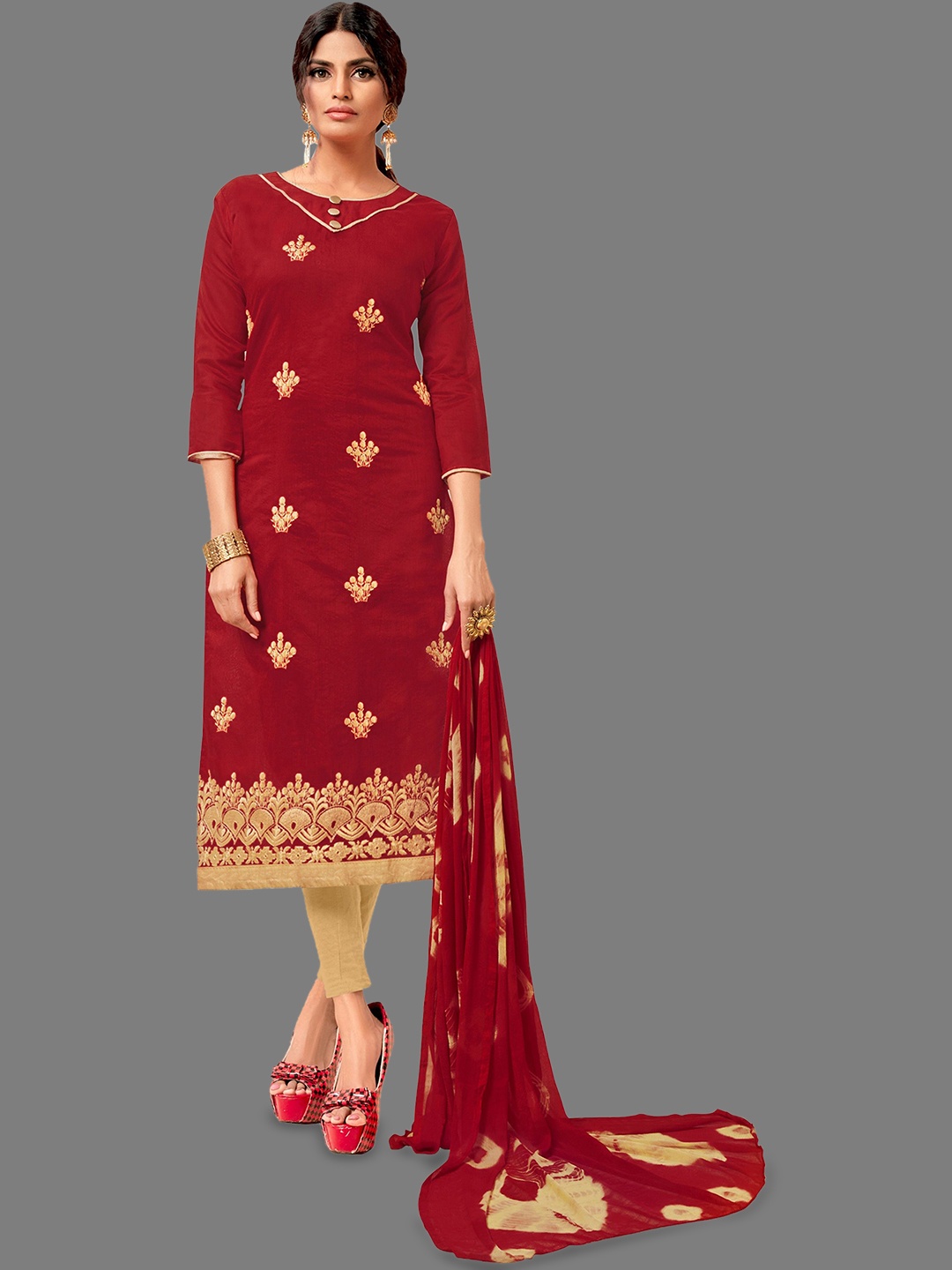 

JULEE Ethnic Motifs Embroidered Pure Cotton Unstitched Dress Material, Maroon