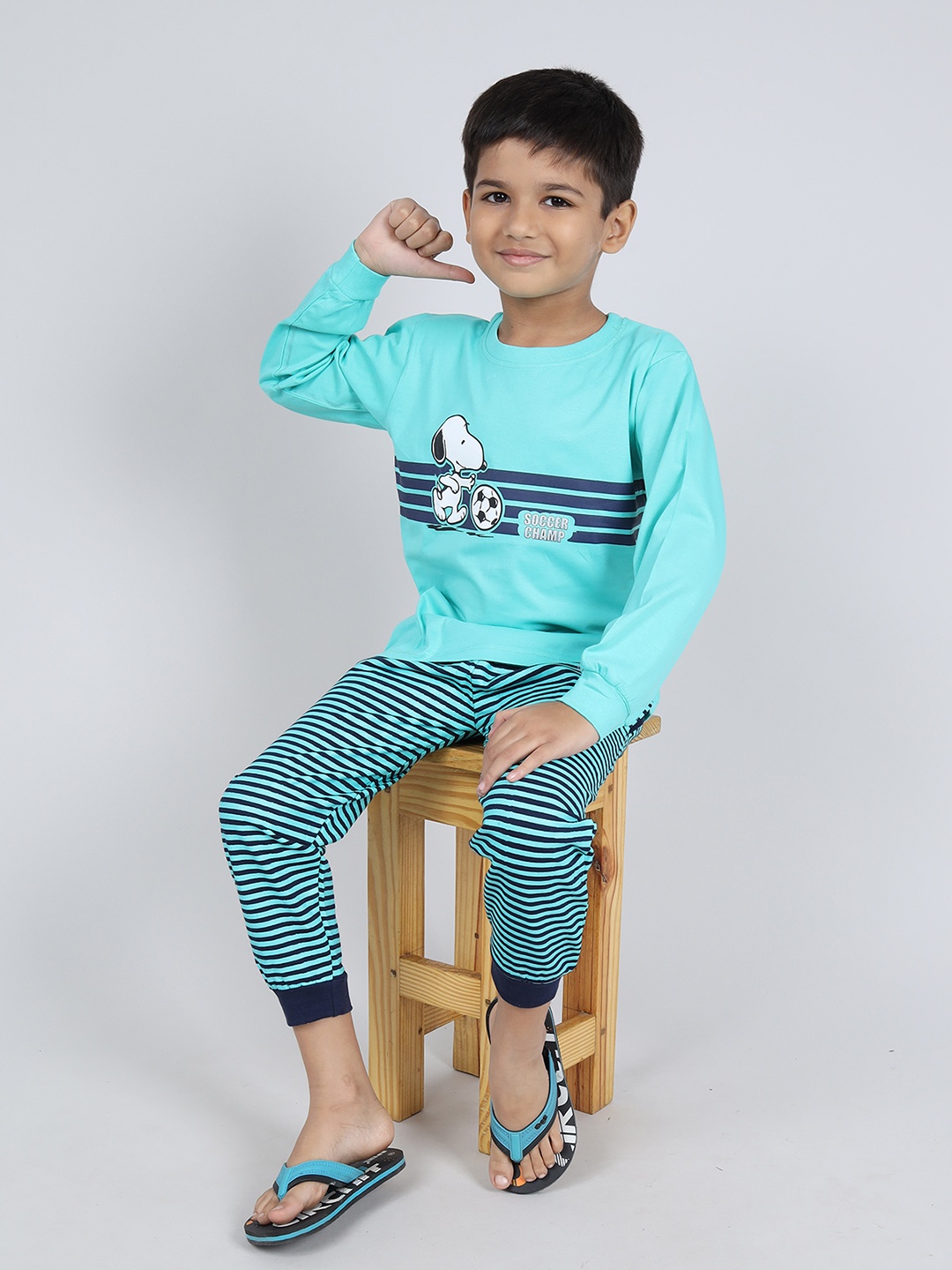 

Here&Now X Denikid Boys Printed Pure Cotton T-shirt with Pyjamas, Green