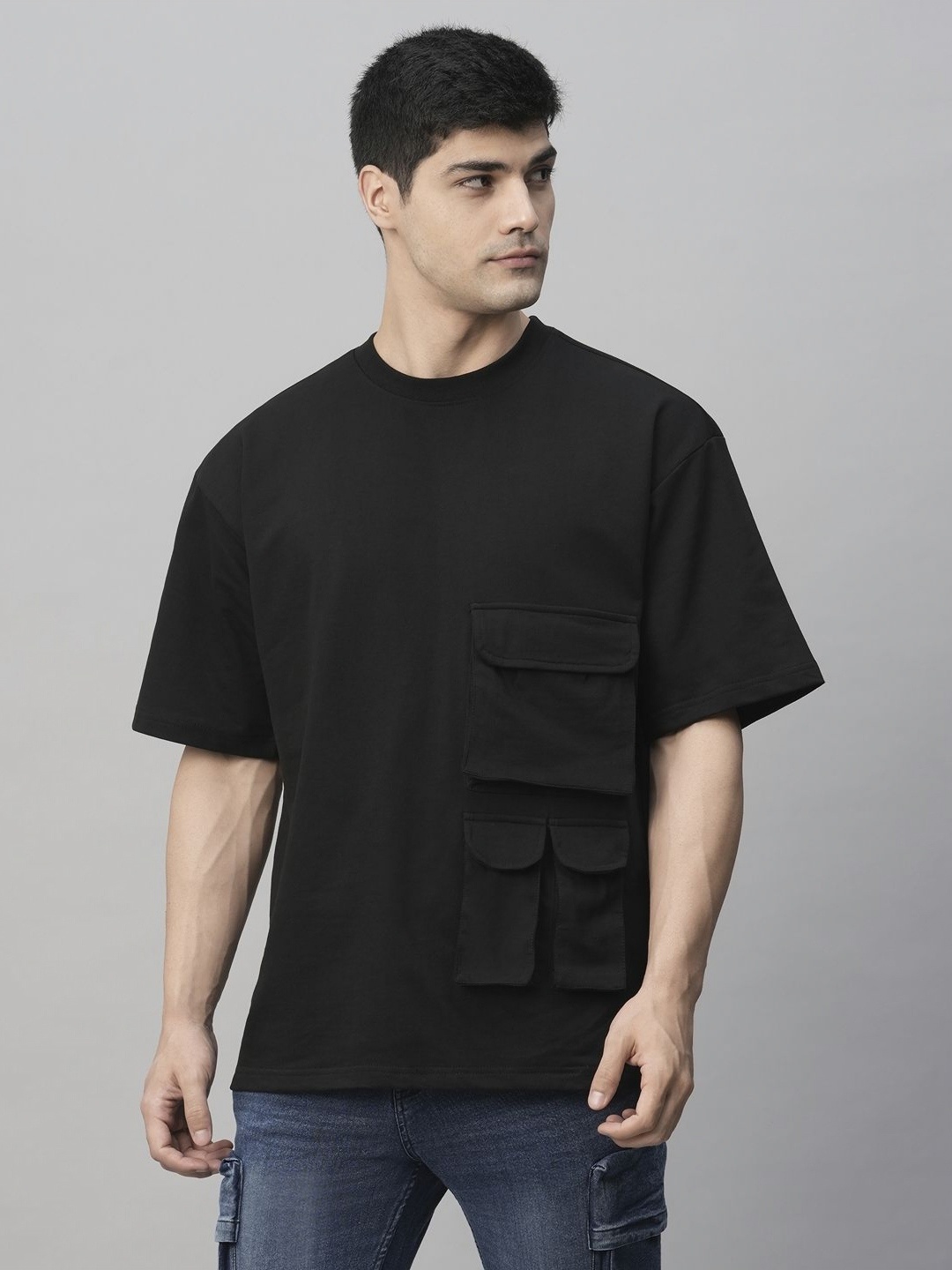 

PRONK Men Solid Round Neck Cotton Oversized T-Shirt, Black