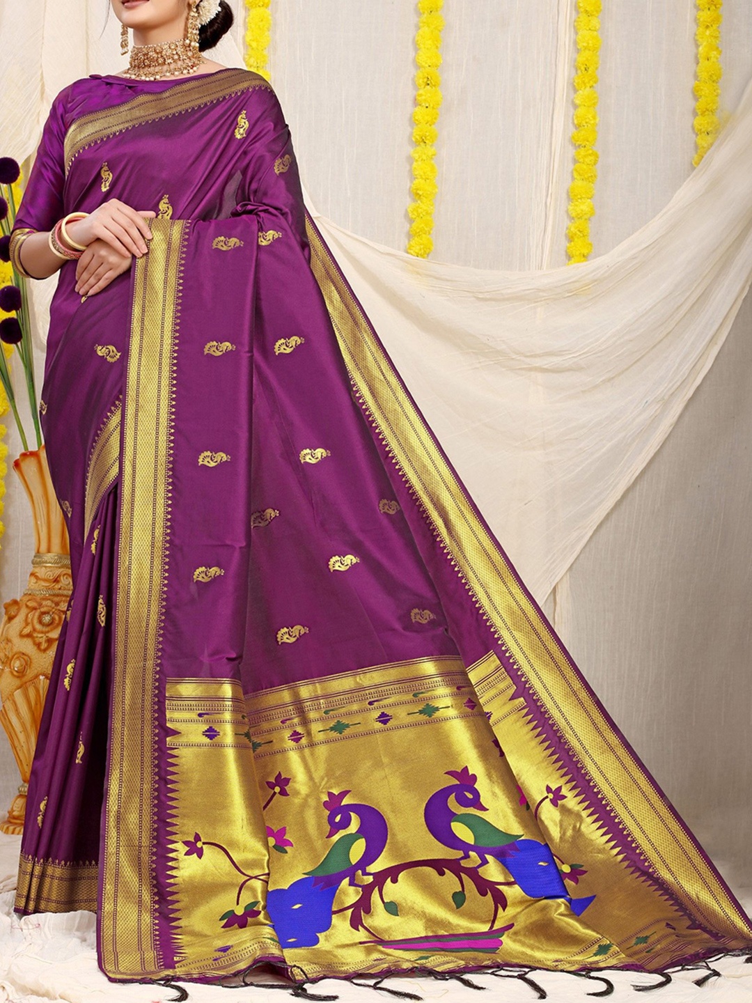

LeeliPeeri Designer Ethnic Motifs Zari Woven Paithani Saree, Purple