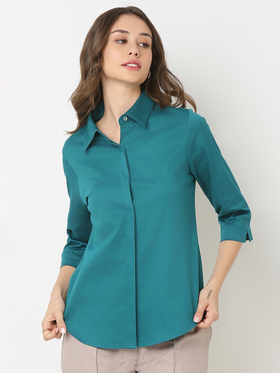 

NOT SO PINK Women Spread Collar Solid Cotton Casual Shirt, Teal