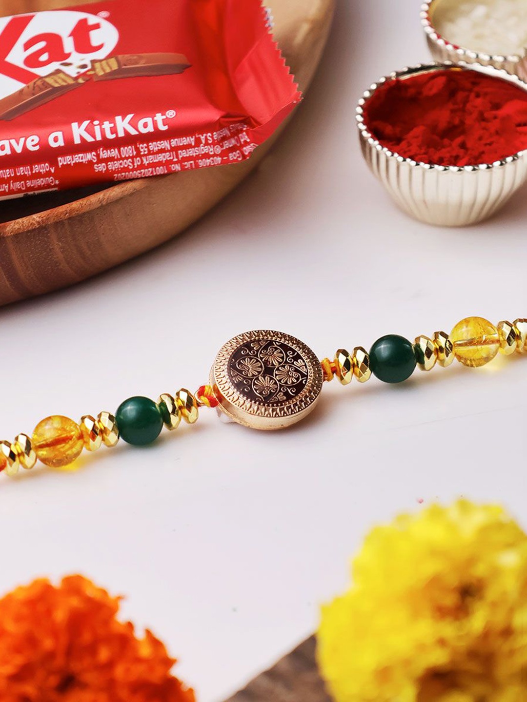 

Shubhanjali Beaded Thread Rakhi With Roli Chawal & Greeting Card, Red