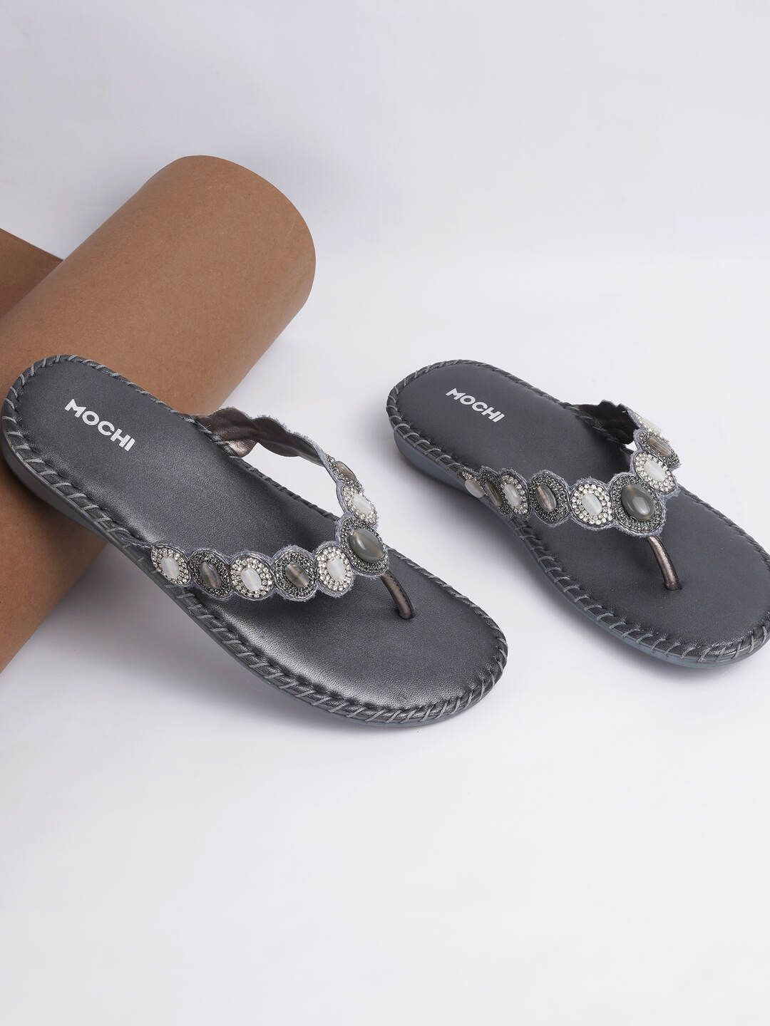 

Mochi Women Embellished T-Strap Flats, Grey