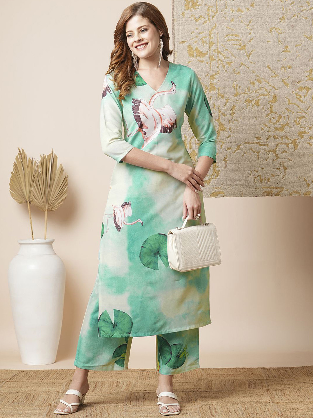 

KALINI Floral Printed Straight Kurta with Trousers, Sea green