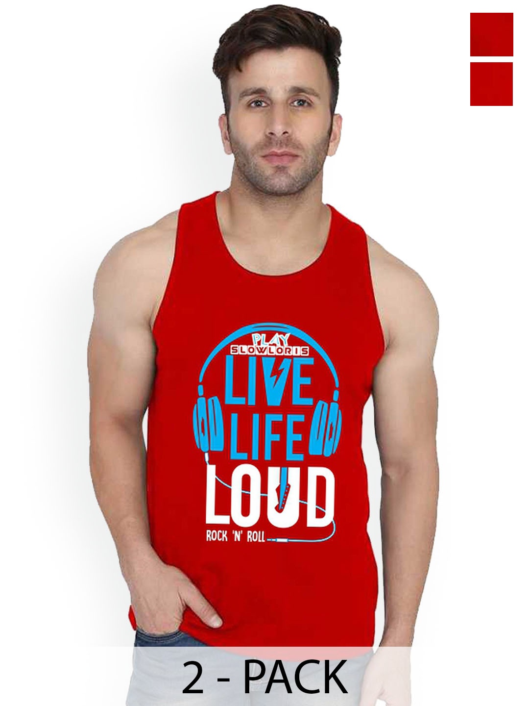 

SLOWLORIS Pack Of 2 Printed Men Gym Vests, Red