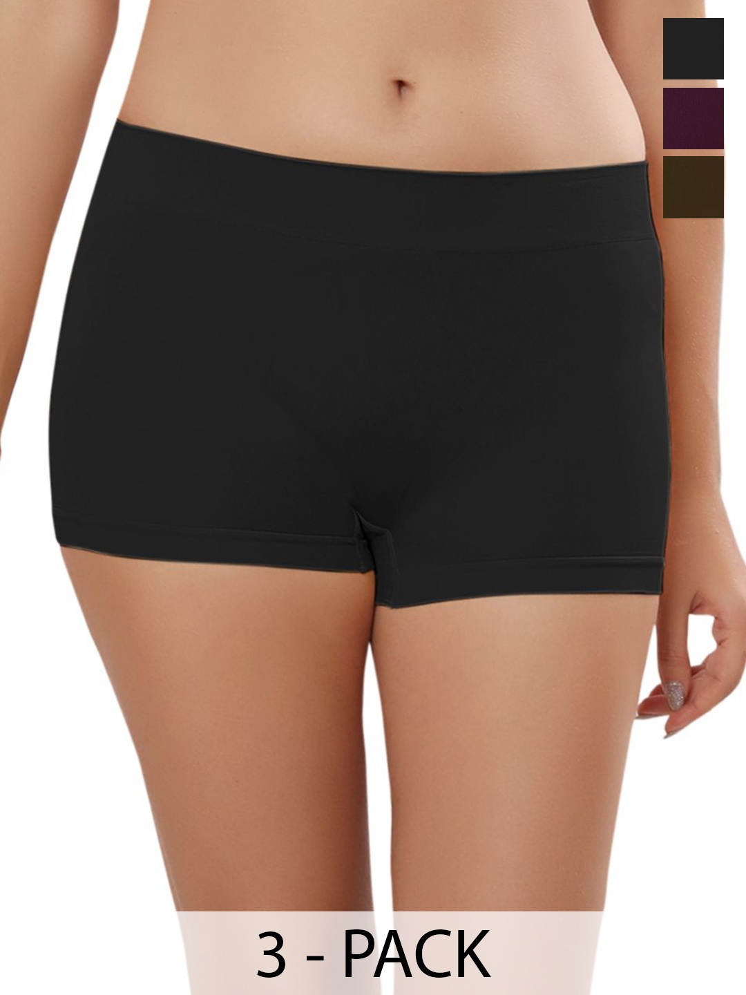 

Bella Voste Pack Of 3 Seamless Boy Shorts Briefs PT-4603-Black-Green-Maroon-M