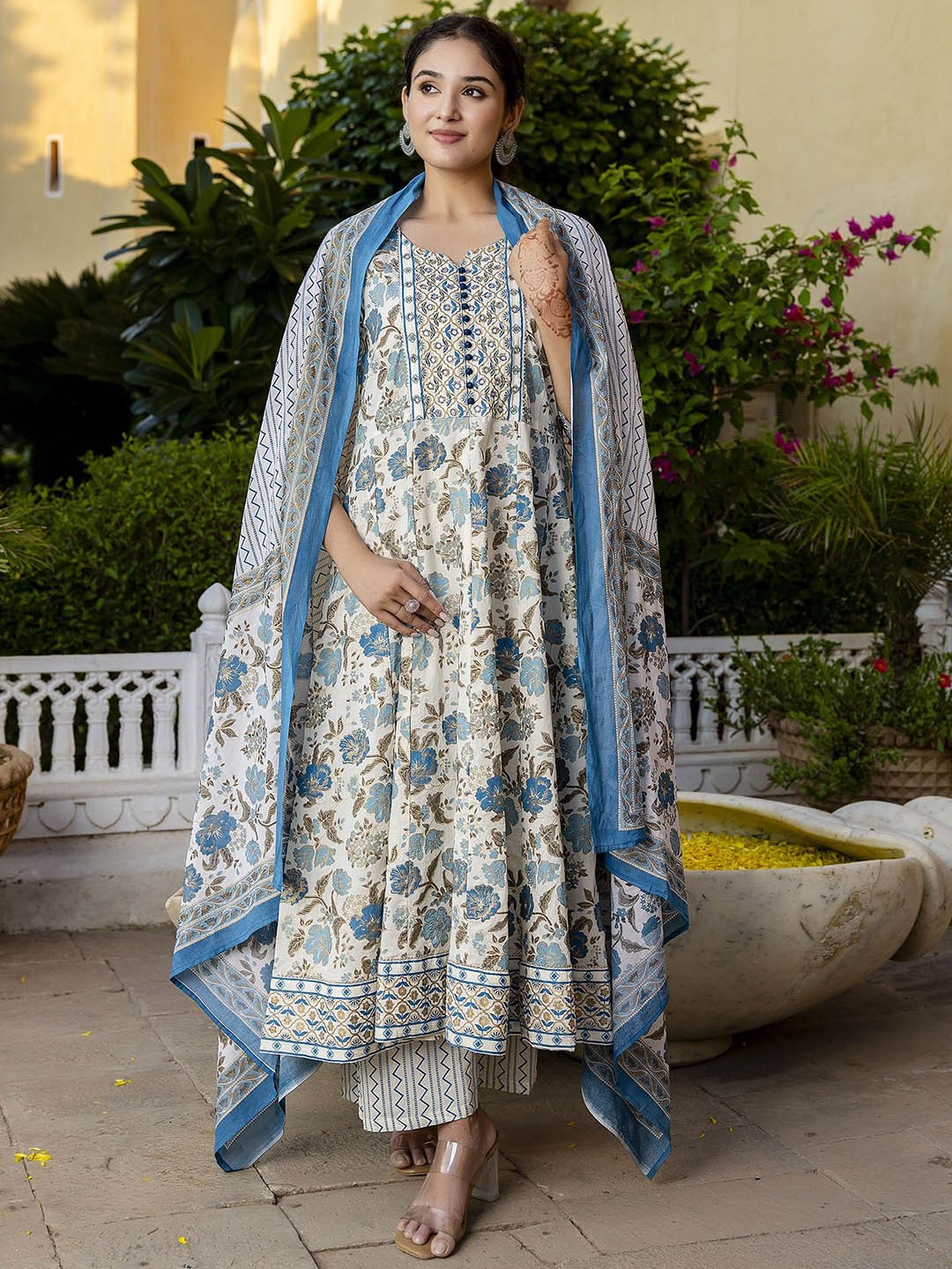 

Charu Floral Printed Mirror Work Pure Cotton Anarkali Kurta With Palazzos & Dupatta, Off white