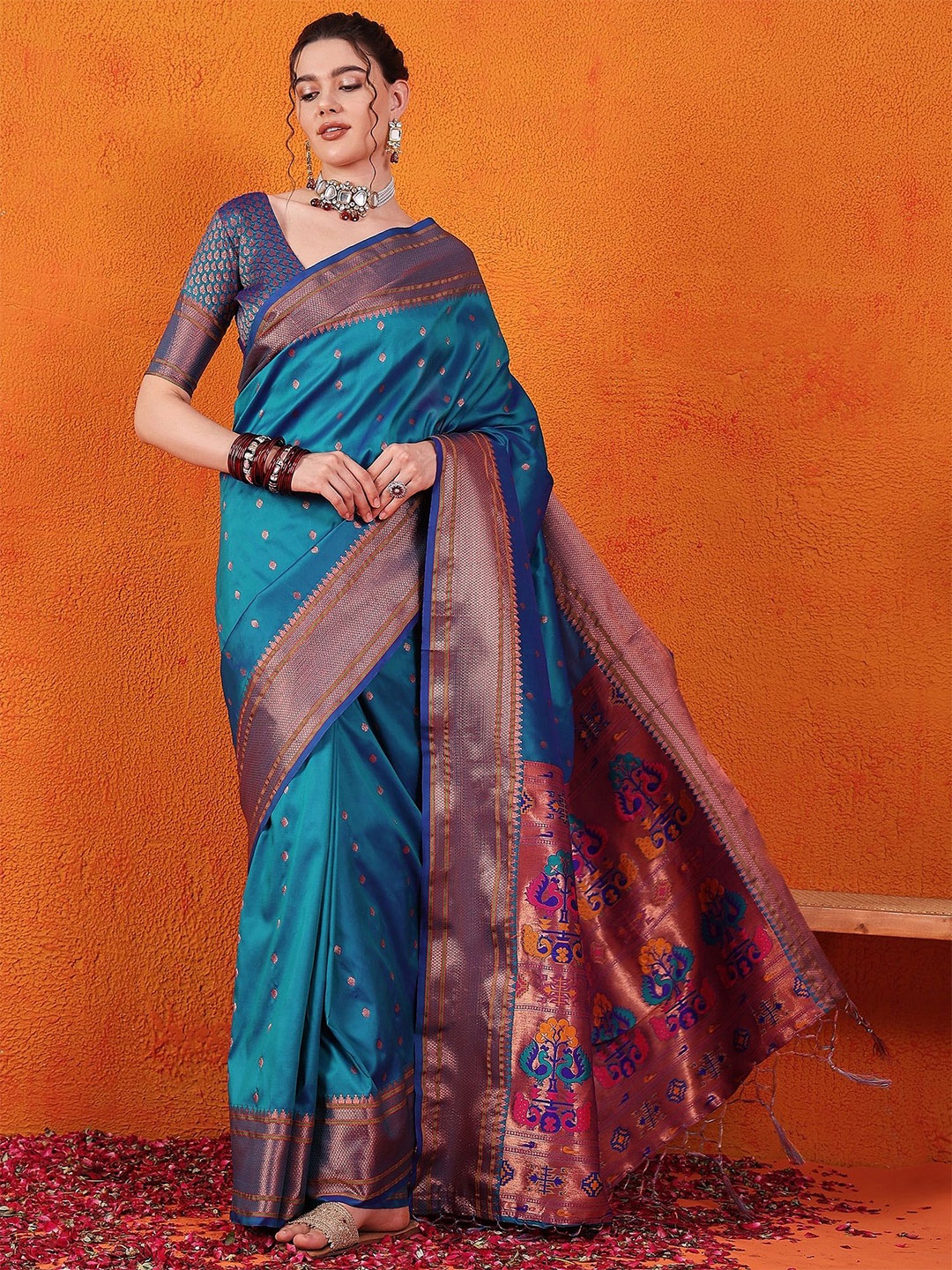 

Dori Woven Design Ethnic Motifs Zari Silk Blend Paithani Saree, Blue