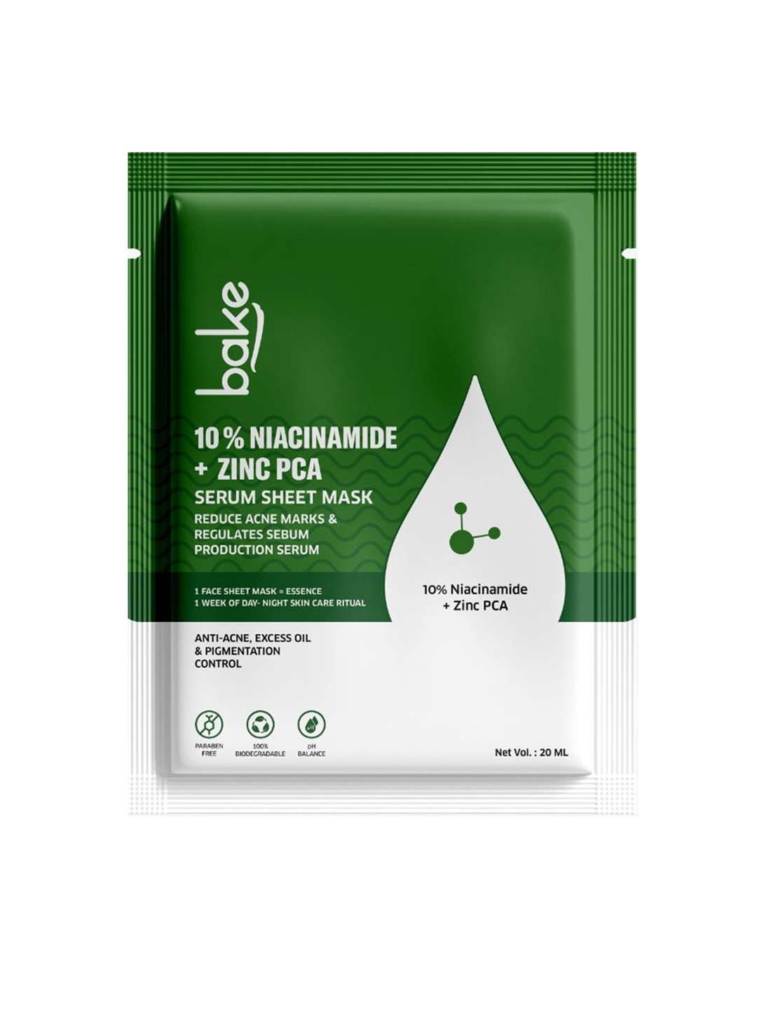 

BAKE 10% Niacinamide + Zinc PCA Serum Sheet Mask -20 ml, White