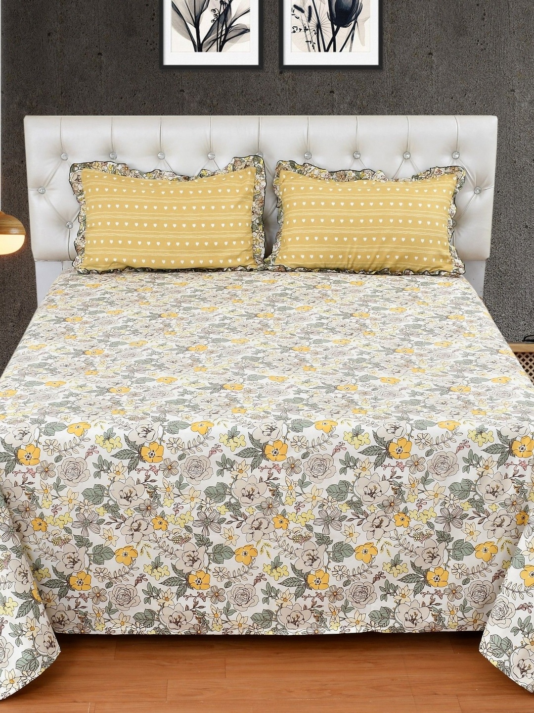 

MORADO Yellow & White Floral Cotton 5 Pieces Double King Regular Bedsheet Set