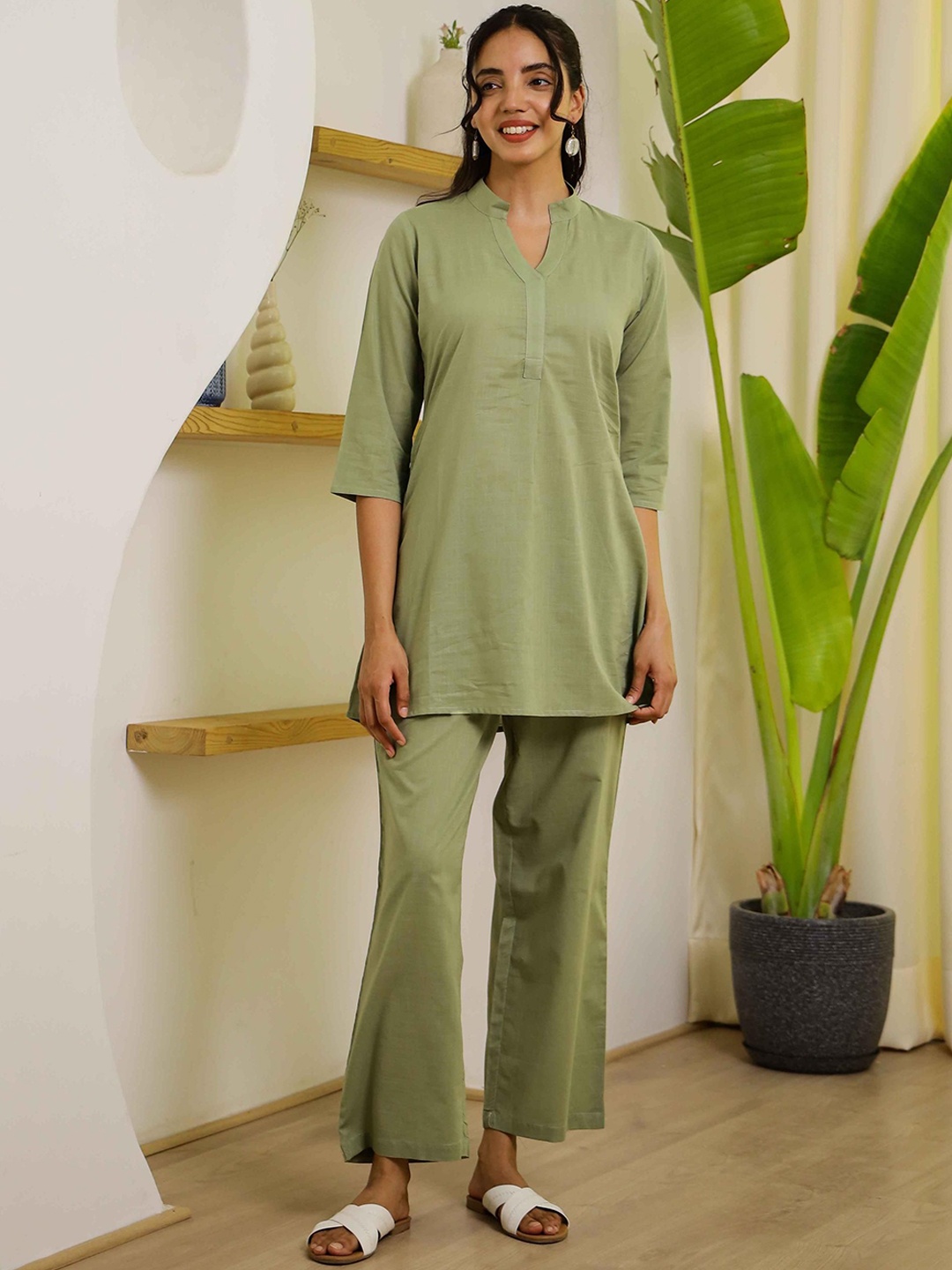 

FLAVIA CREATION Mandarin Collar Pure Cotton Tunic & Trousers, Green