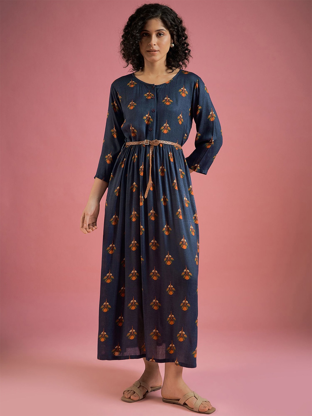 

DressBerry Ethnic Motifs Printed Belted A-Line Maxi Dress, Blue