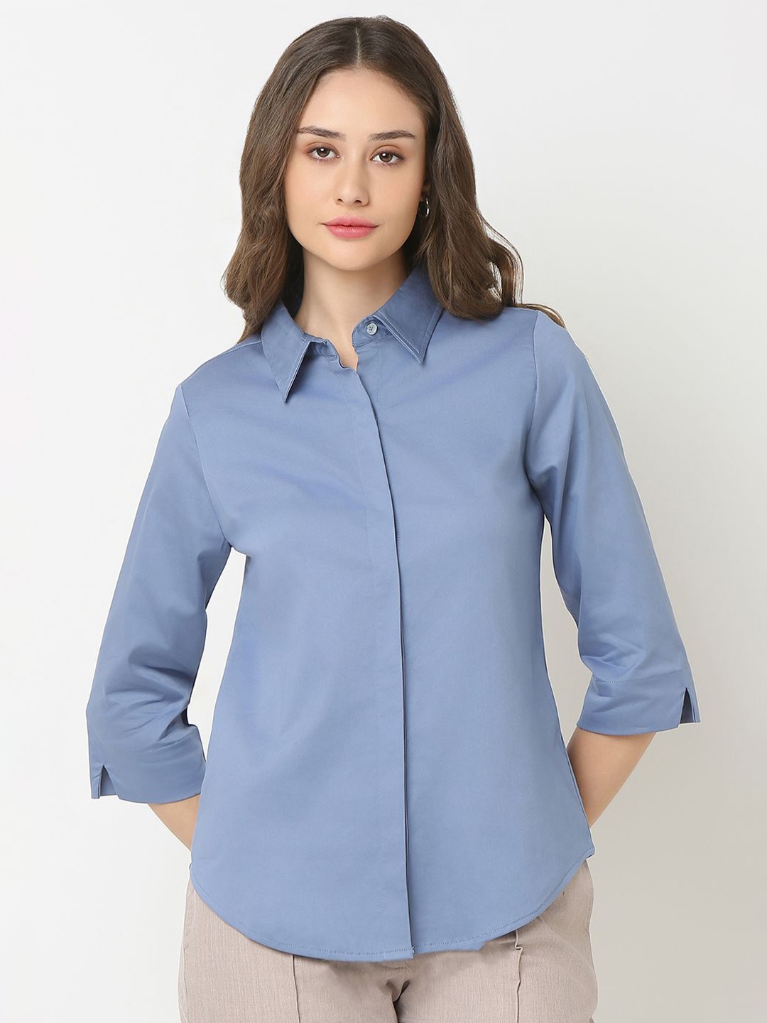 

NOT SO PINK Women Spread Collar Solid Cotton Casual Shirt, Blue