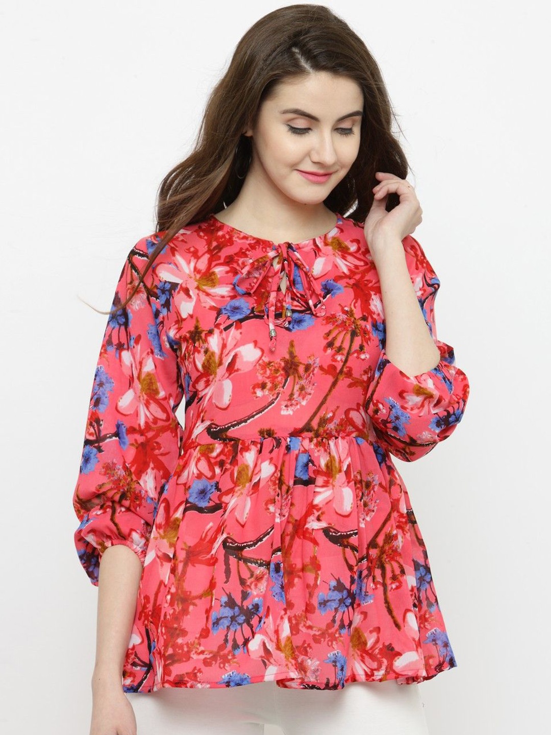 

Sera Women Floral Printed Tie-Up Neck Top, Pink