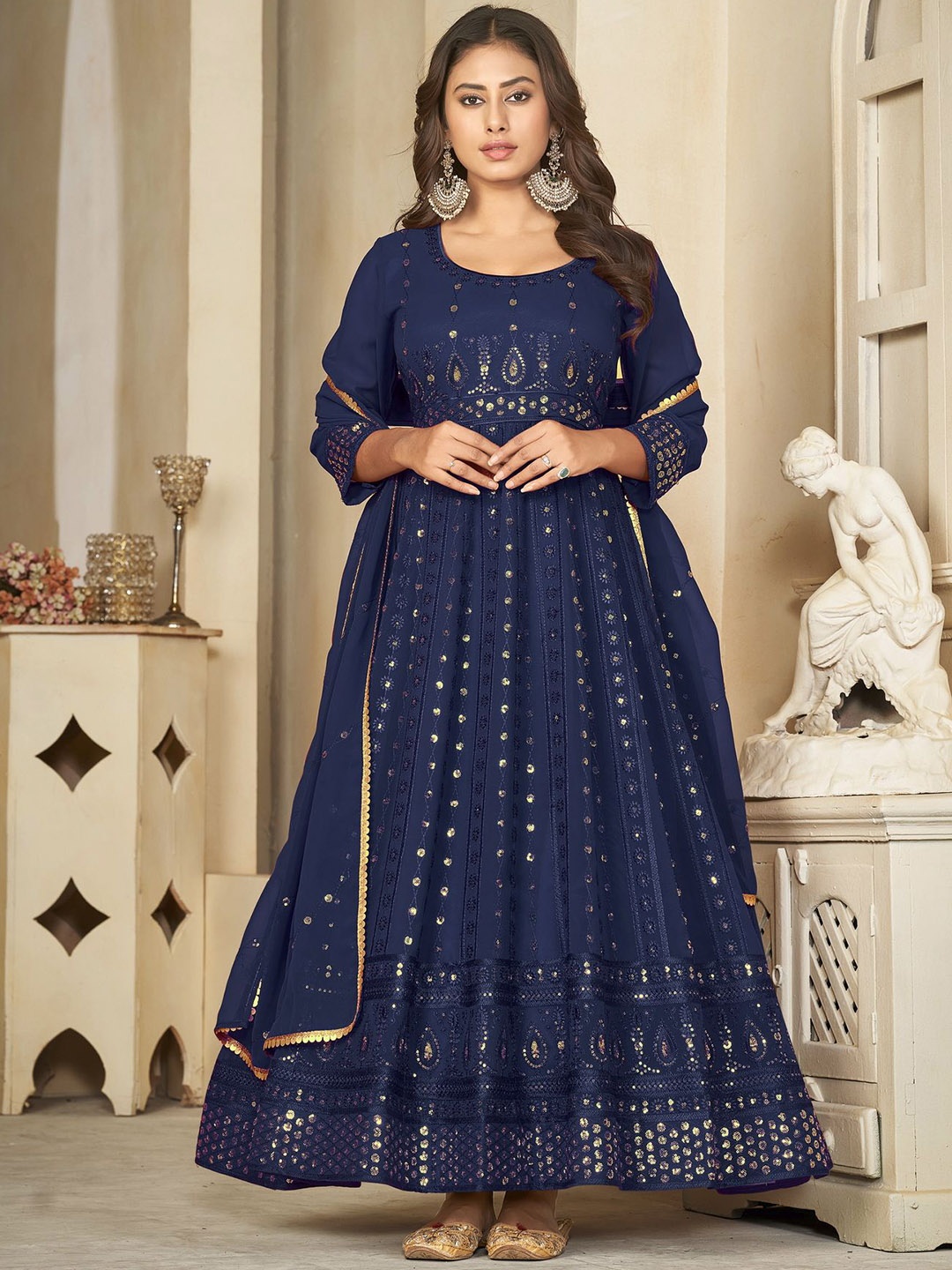 

Warthy Ent Floral Embroidered Sequinned Semi-Stitched Dress Material, Blue