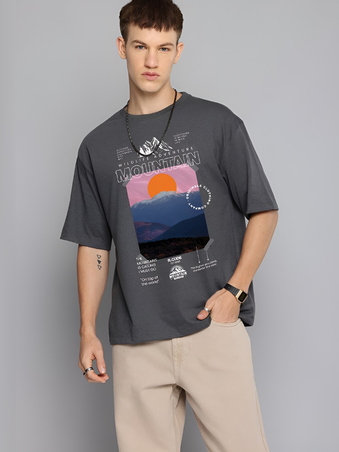 

The Roadster Lifestyle Co. Men Graphic Printed Round Neck Cotton Oversized T-shirt, Grey