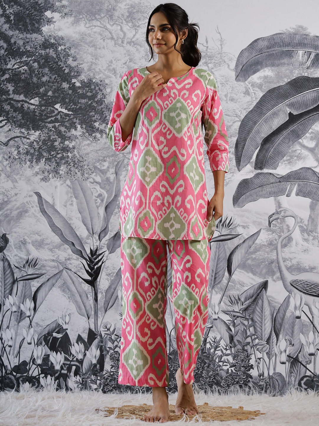 

FLAVIA CREATION Printed Pure Cotton Tunic With Trouser, Red