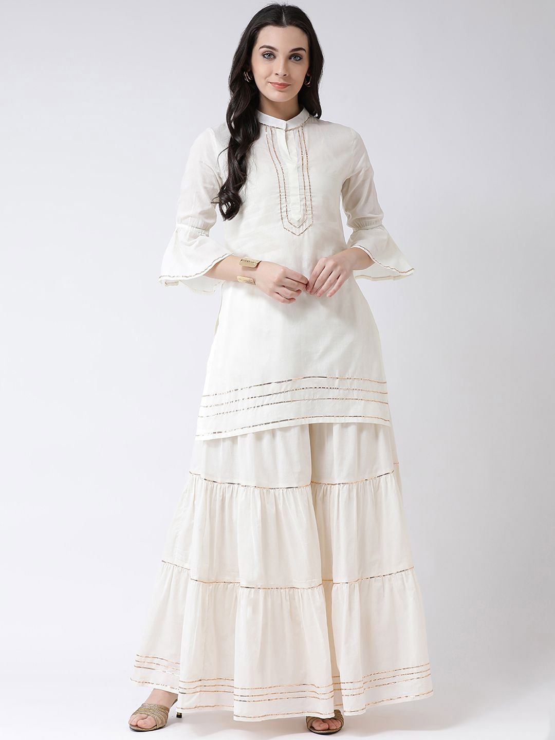 

Castle Lifestyle Women Striped Pure Cotton Mandarin Collar Kurti, Off white