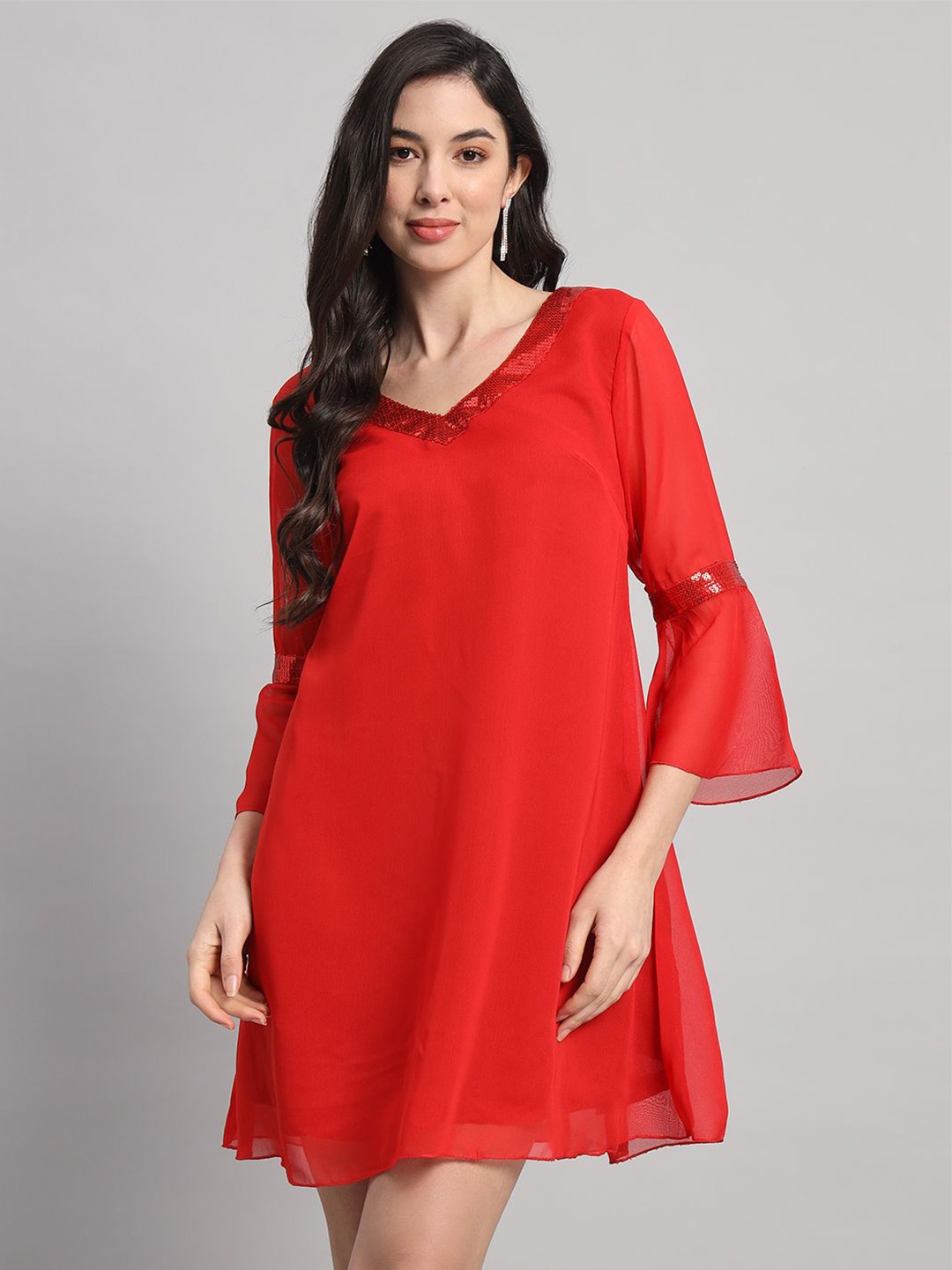 

Curvydrobe V-Neck Bell Sleeve A-Line Dress, Red