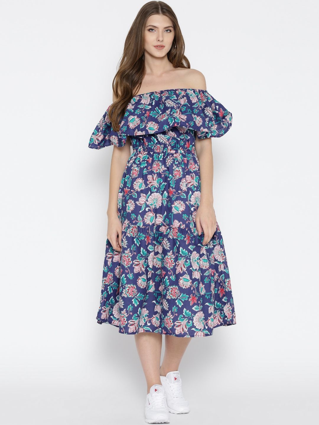 

Sera Floral Printed Off-Shoulder Ruffled Chiffon Fit & Flare Midi Dress, White