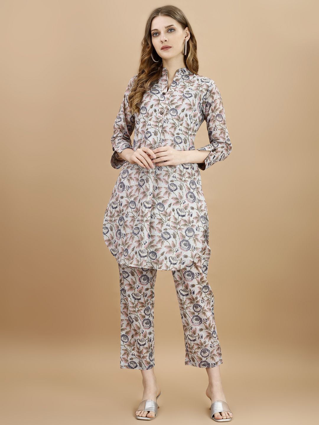 

Tikhi Imli Floral Printed Pure Cotton Tunic With Trouser, Grey