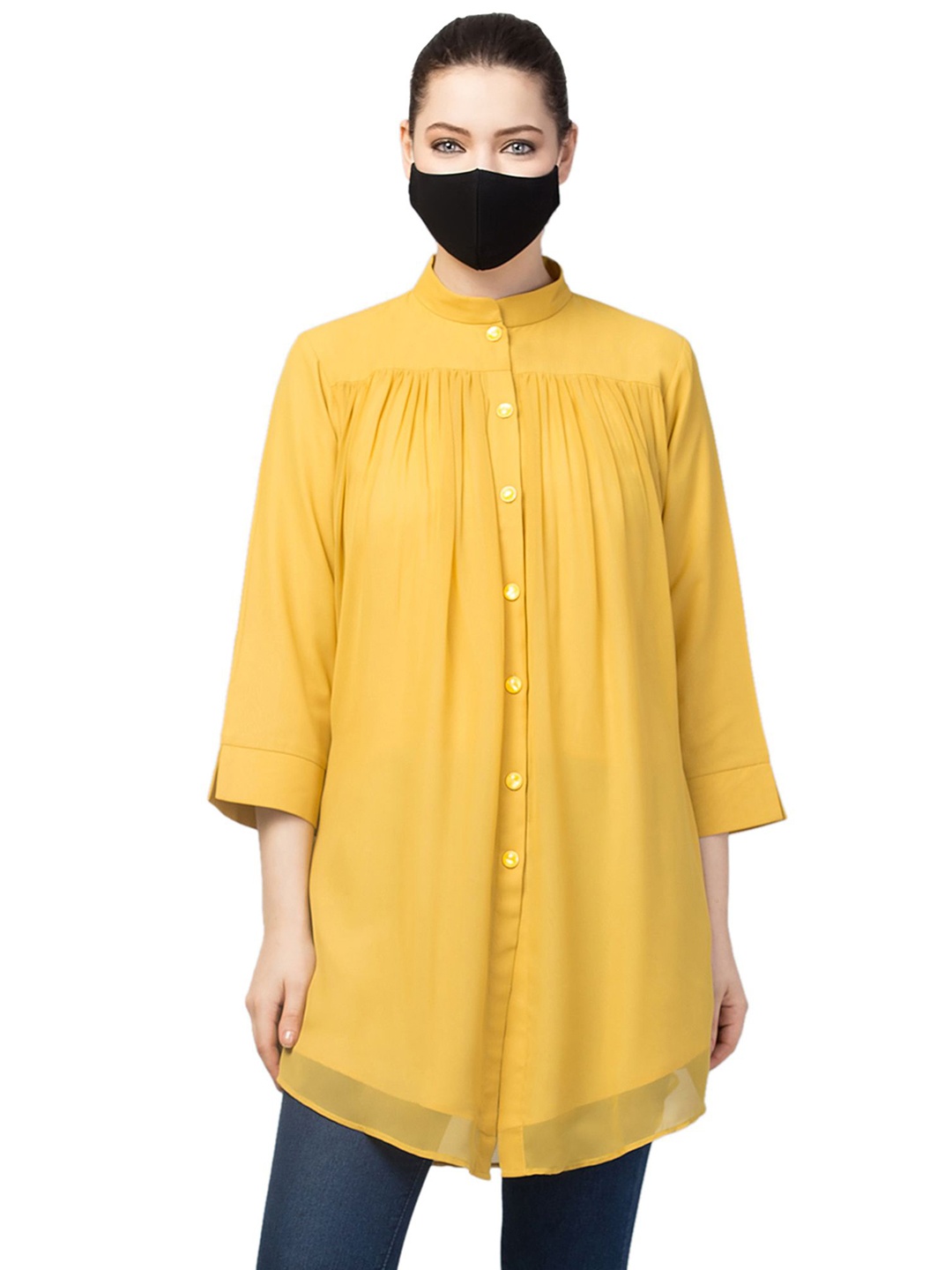 

MUSHKIYA Mandarin Collar Solid Tunic, Mustard