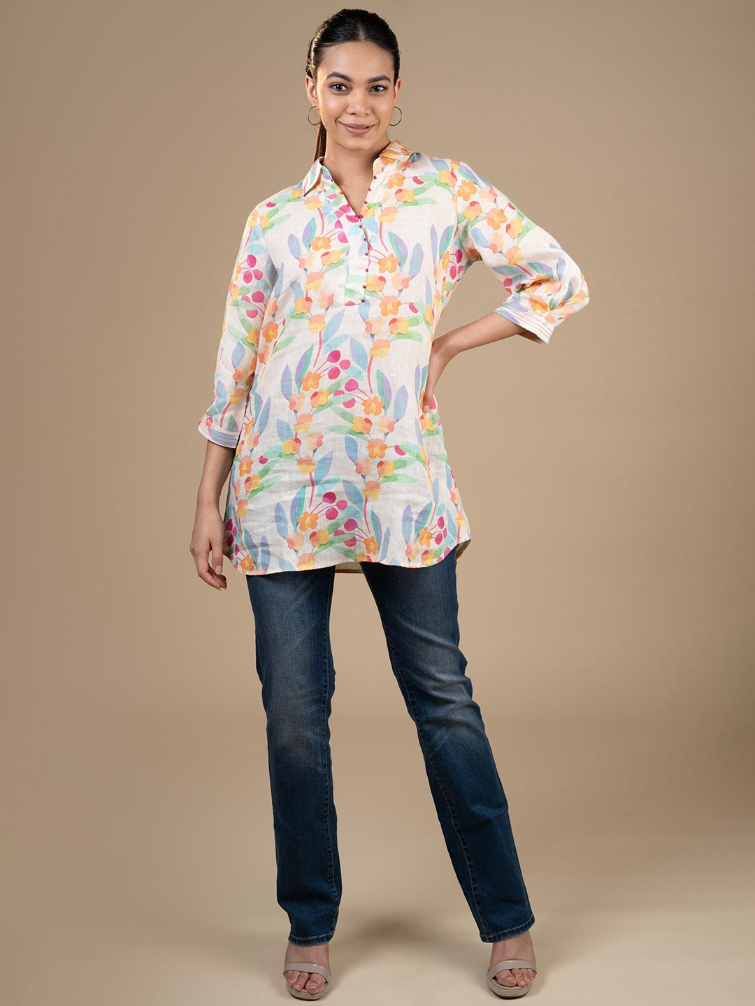 

Stree Mantra Women Floral Printed Shirt Collar Kurti, Cream