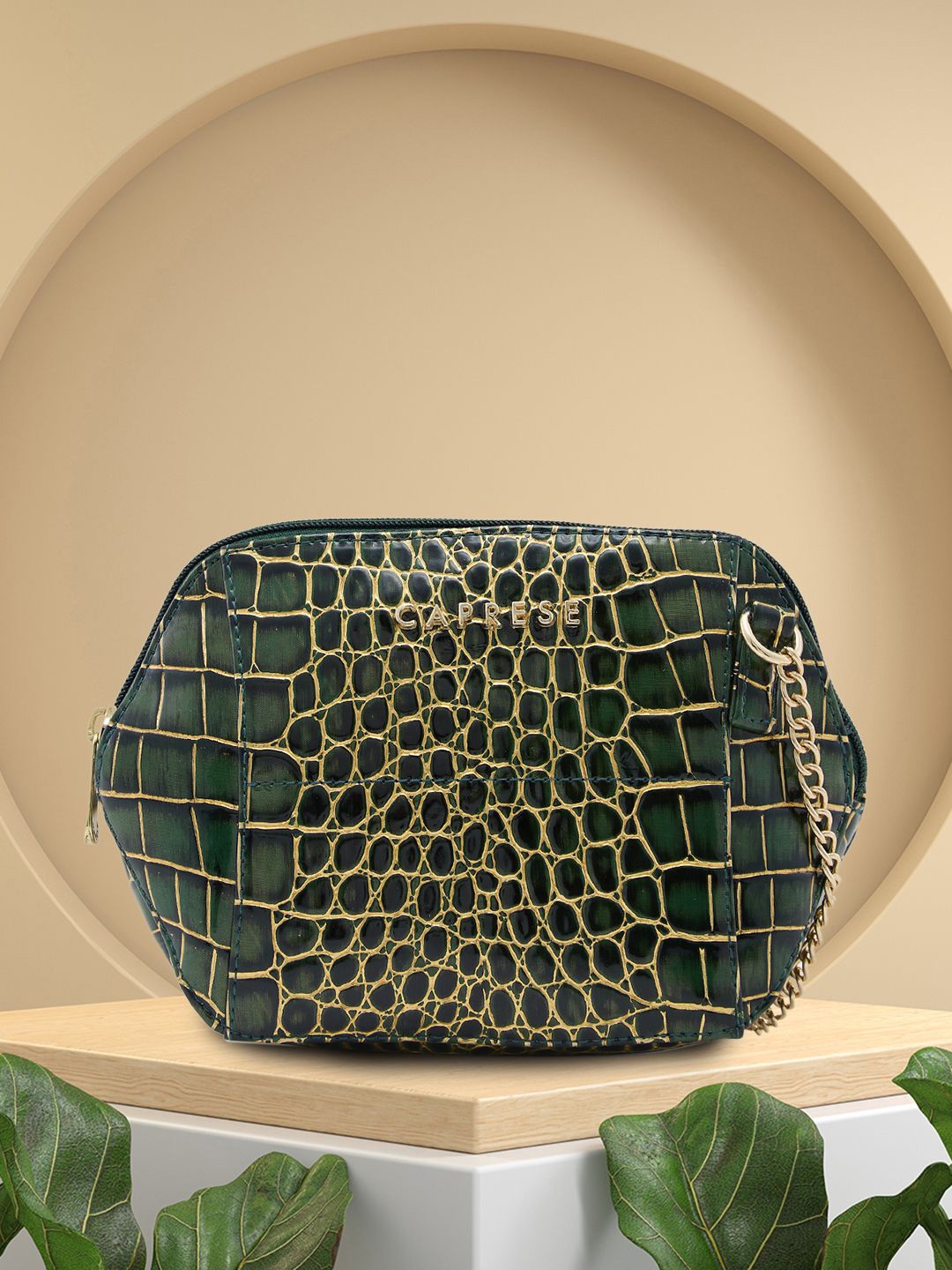 

Caprese Textured Half Moon Sling Bag, Green