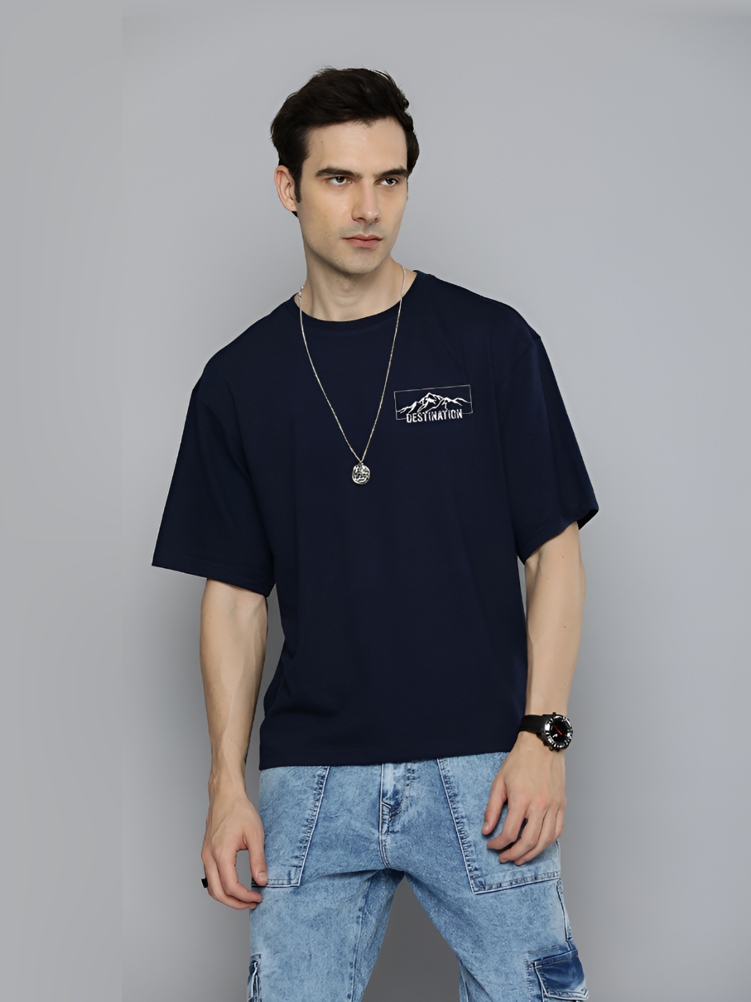 

The Roadster Lifestyle Co. Men Graphic Printed Round Neck Cotton Oversized T-shirt, Navy blue