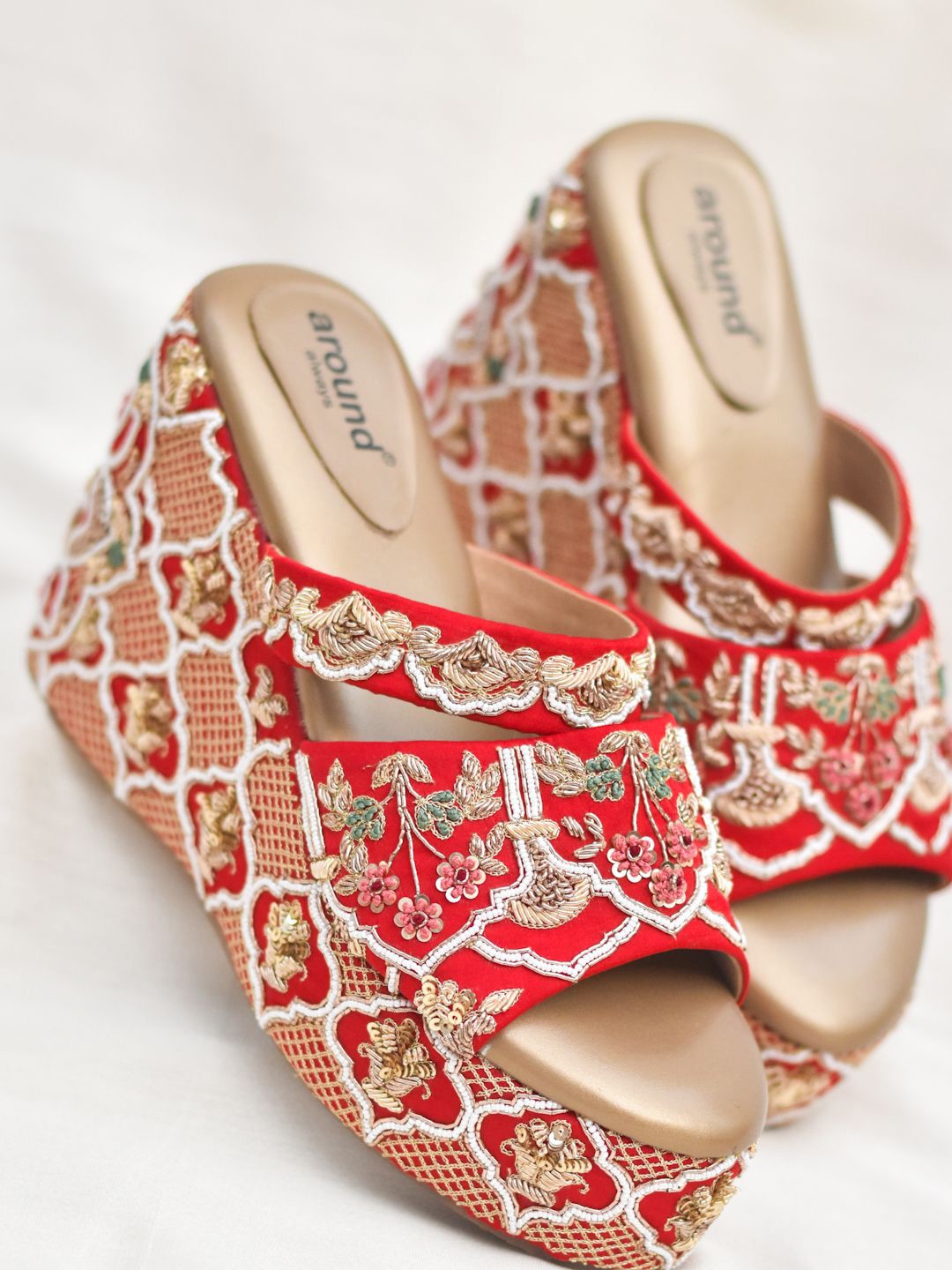 

Around Always Ethnic Embellished Wedges Sandal, Red