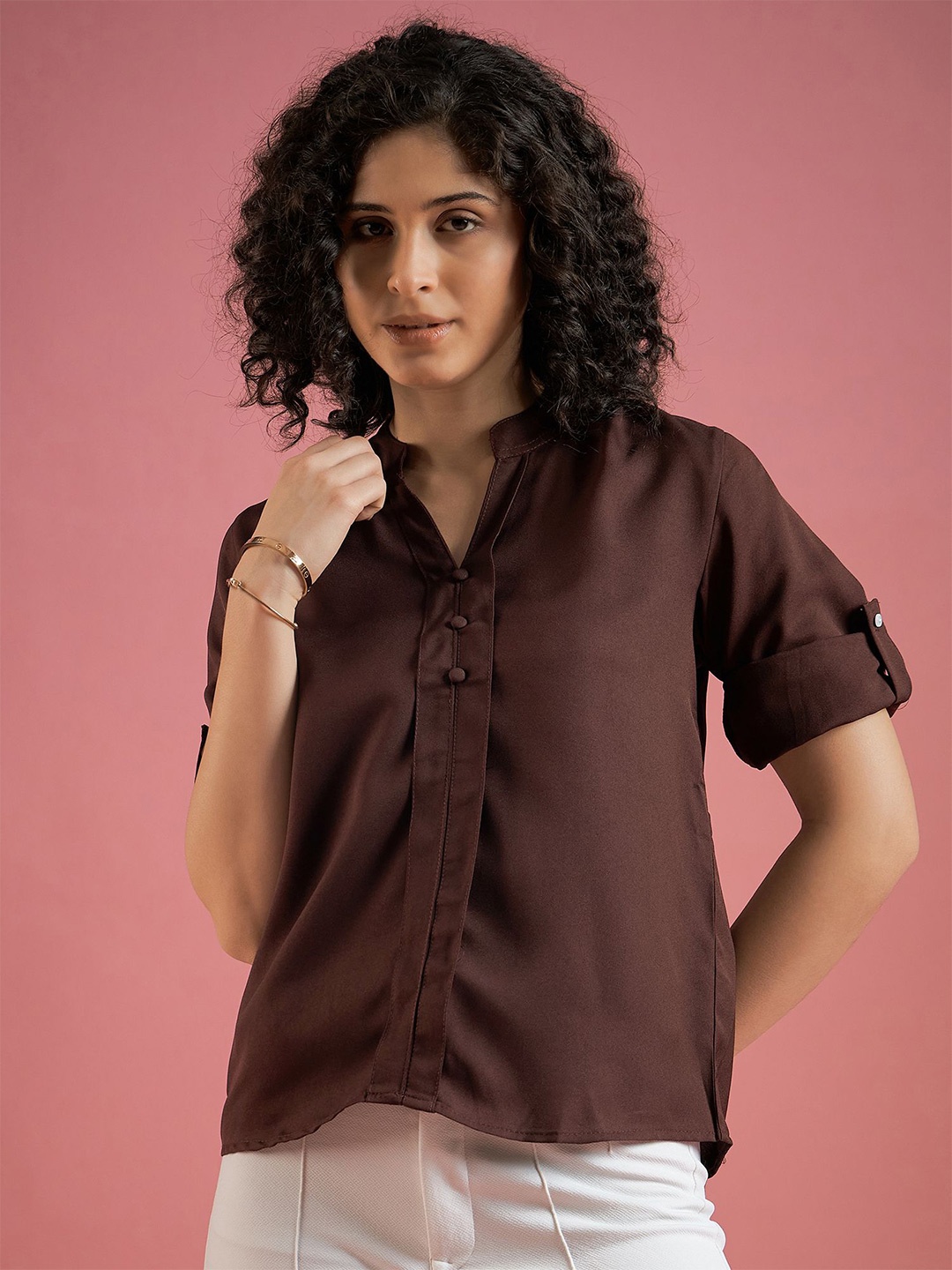 

DressBerry Women Solid Mandarin Collar Polyester Top, Brown