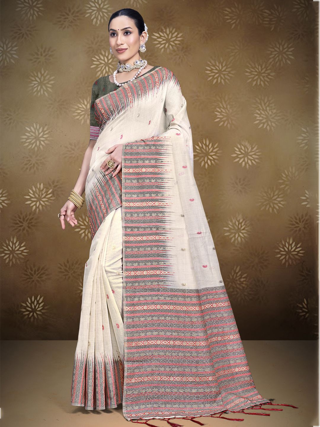 

Ishin Woven Design Striped Border Saree, Cream