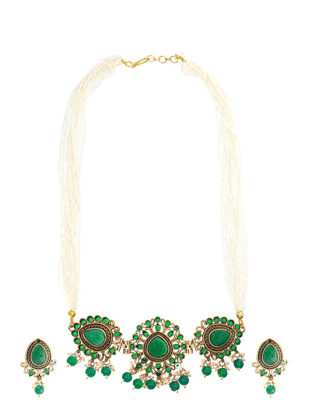 

Shining Jewel Gold-Plated CZ & Kundan-Studded & Beaded Jewellery Set