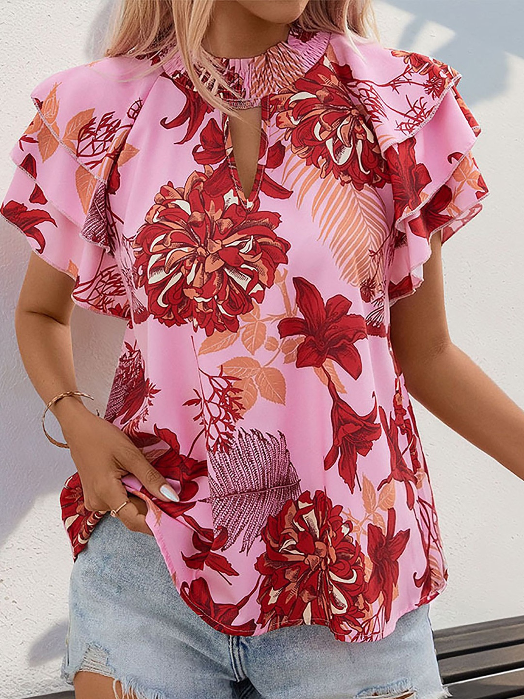 

StyleCast x Revolte Women Floral Printed Keyhole Neck Top, Red