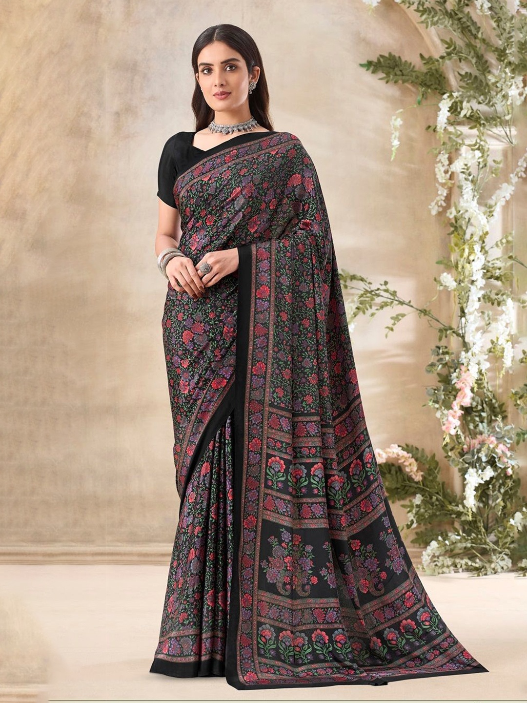 

Reboot Fashions Floral Pure Crepe Bandhani Saree, Black