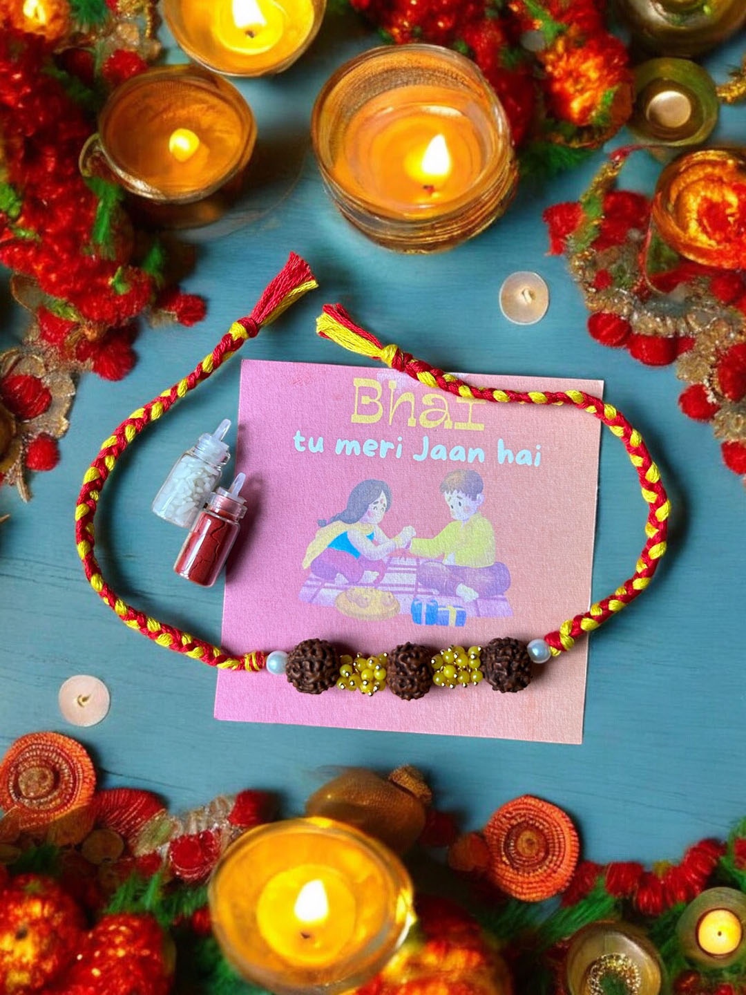 

JEWELWATI Rudraksha Thread Rakhi With Roli Chawal & Greeting Card, Yellow