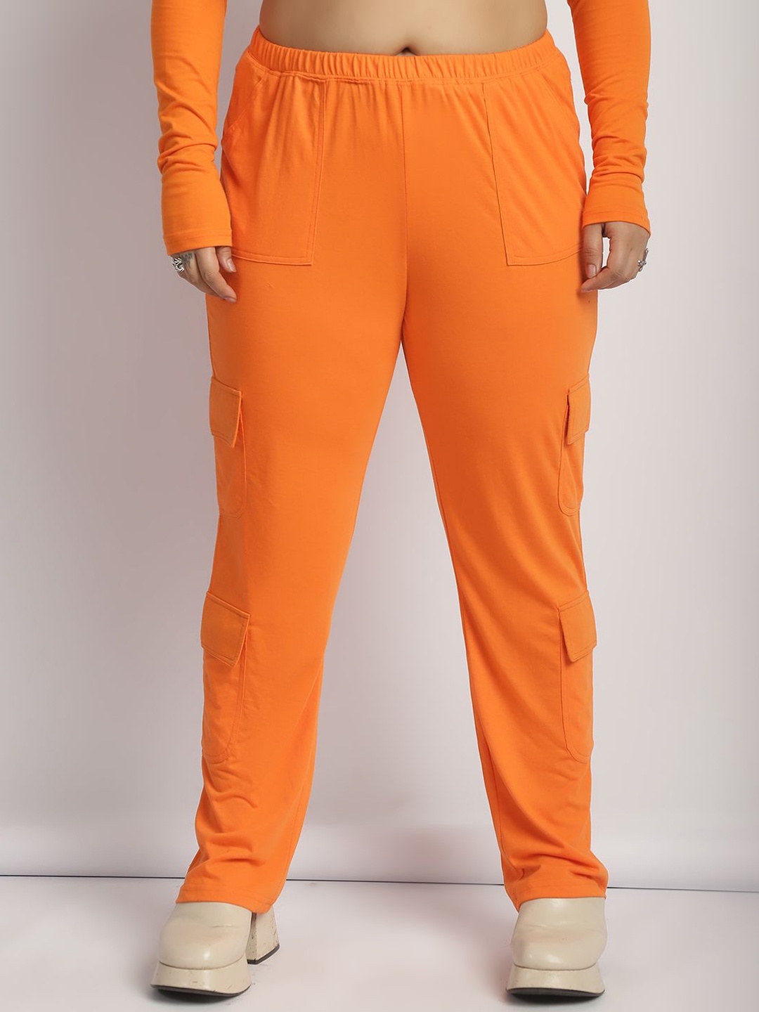 

thkgrlz Women Relaxed High-Rise Cotton Easy Wash Cargos Trousers, Orange