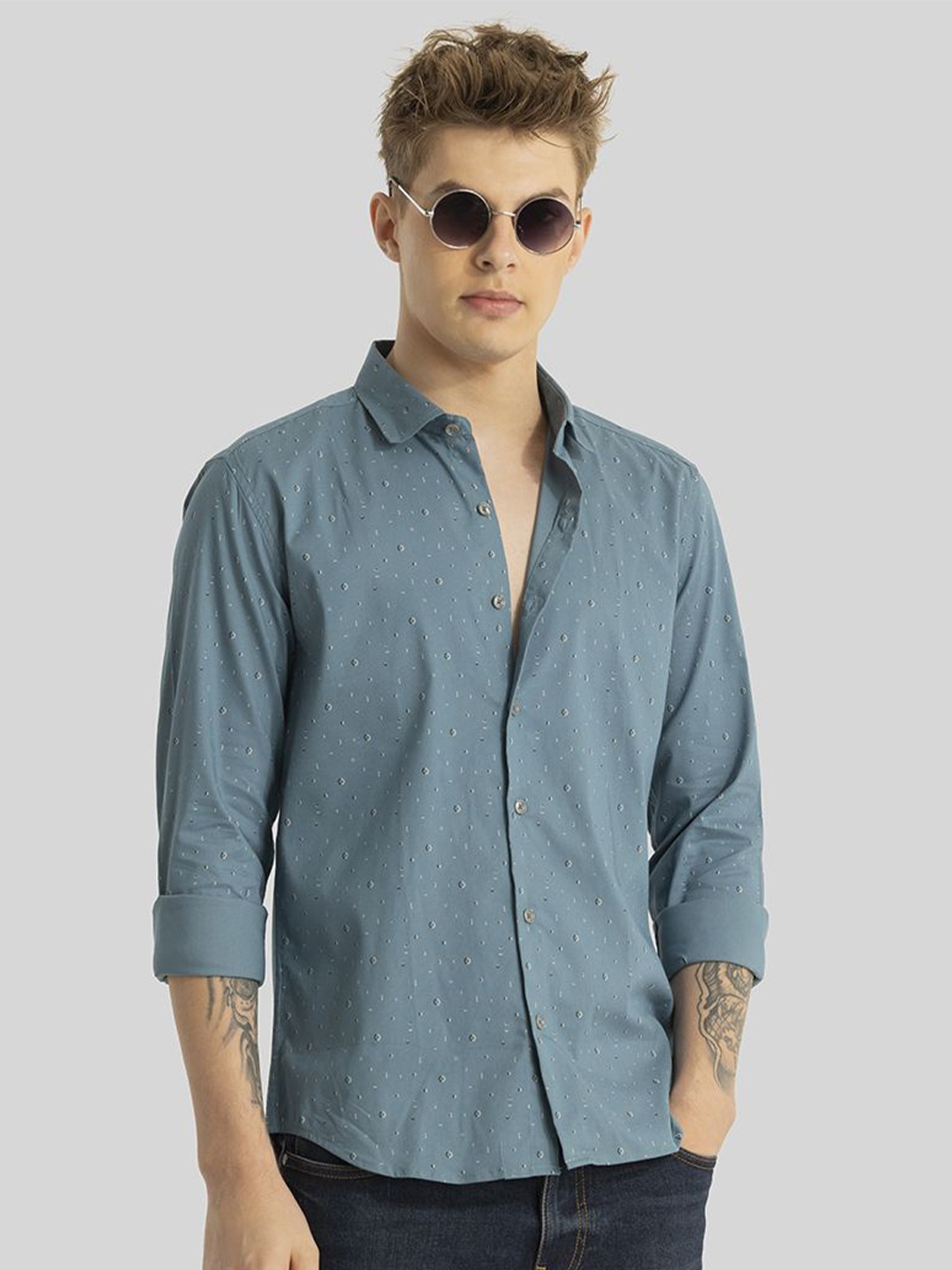 

Snitch Men Smart Slim Fit Solid Opaque Cotton Casual Shirt, Blue