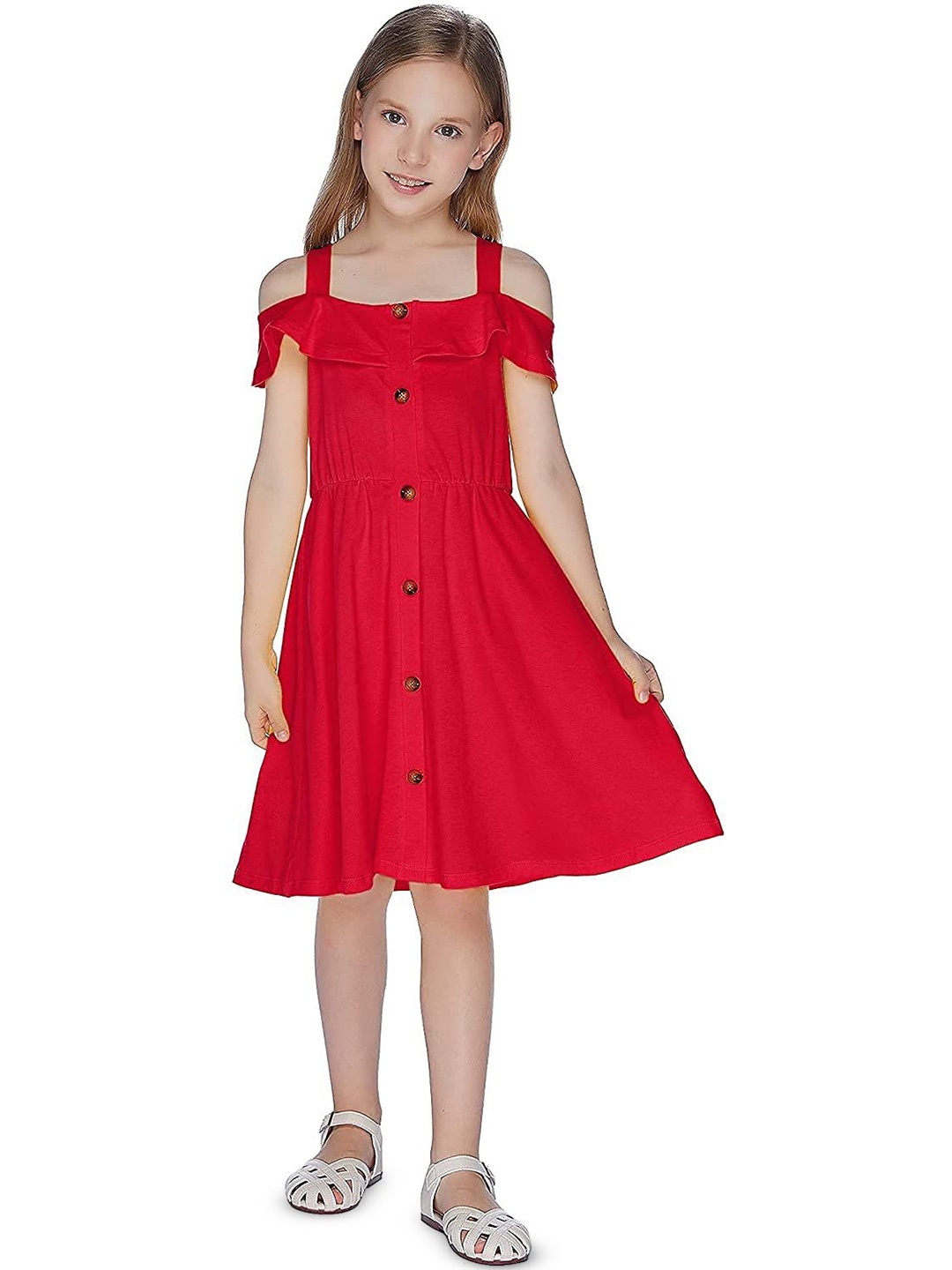 

FAIRY DOLLS Girls Cold-Shoulder Sleeves Fit and Flare Dress, Red