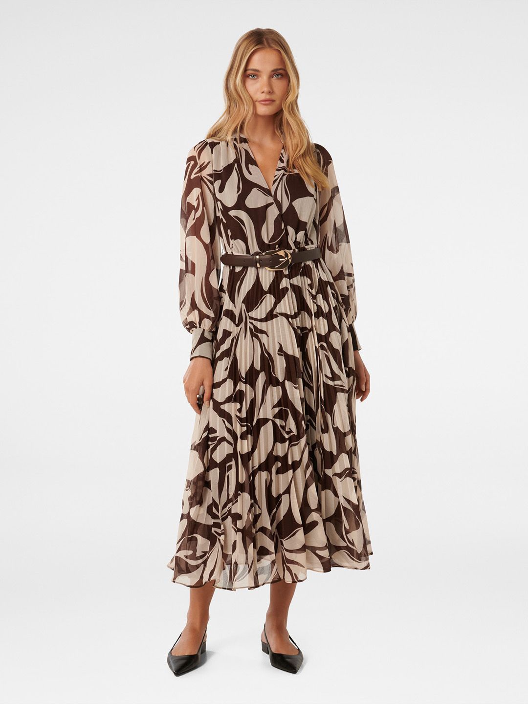 

Forever New Floral Printed Pleated Wrap Midi Dress, Brown