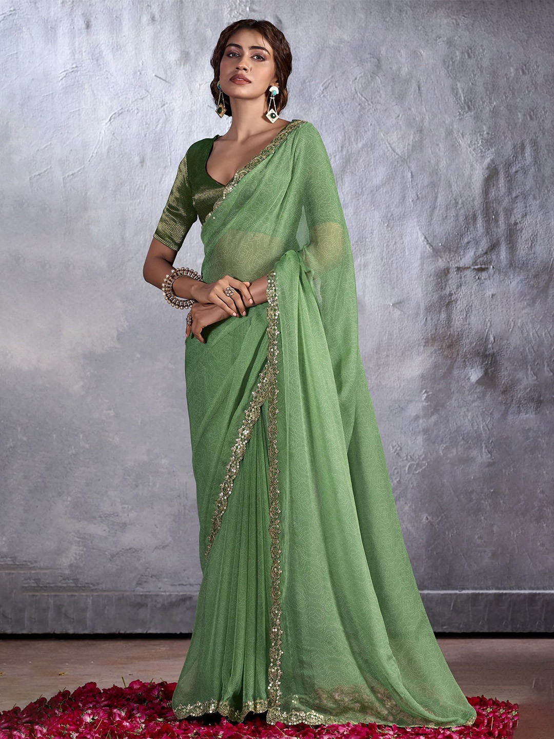 

MySilkLove Ethnic Motifs Sequinned Pure Georgette Saree, Green