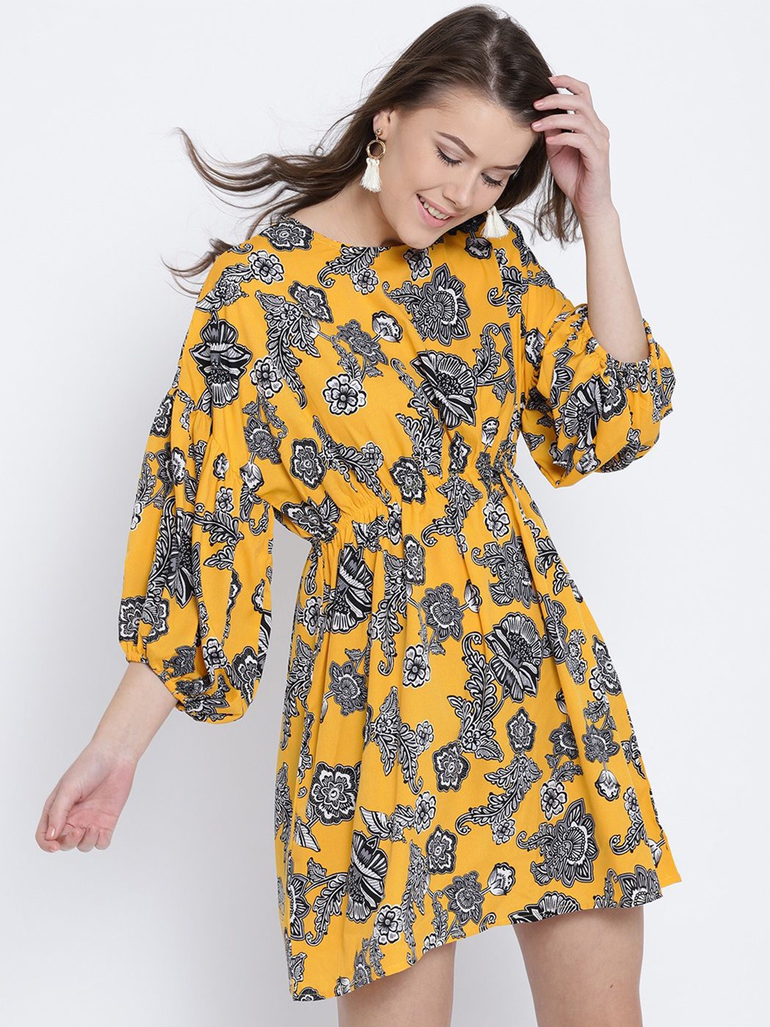 

Sera Baloon Sleeve Fit & Flare Dress, Yellow