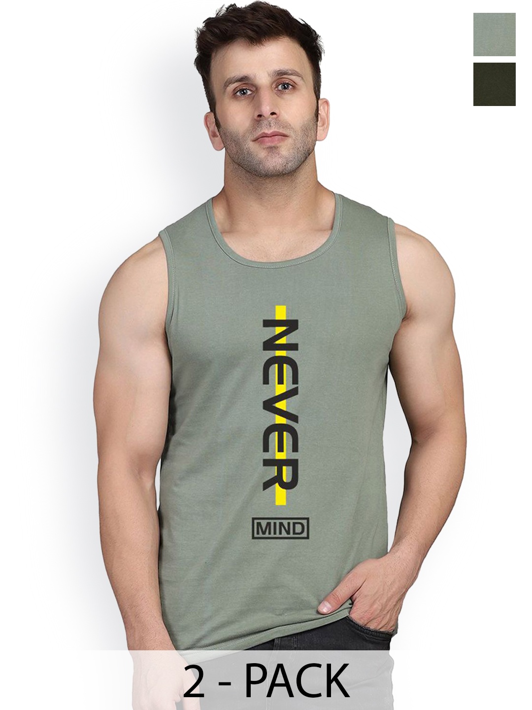 

SLOWLORIS Pack Of 2 Men Printed Gym Vests, Olive