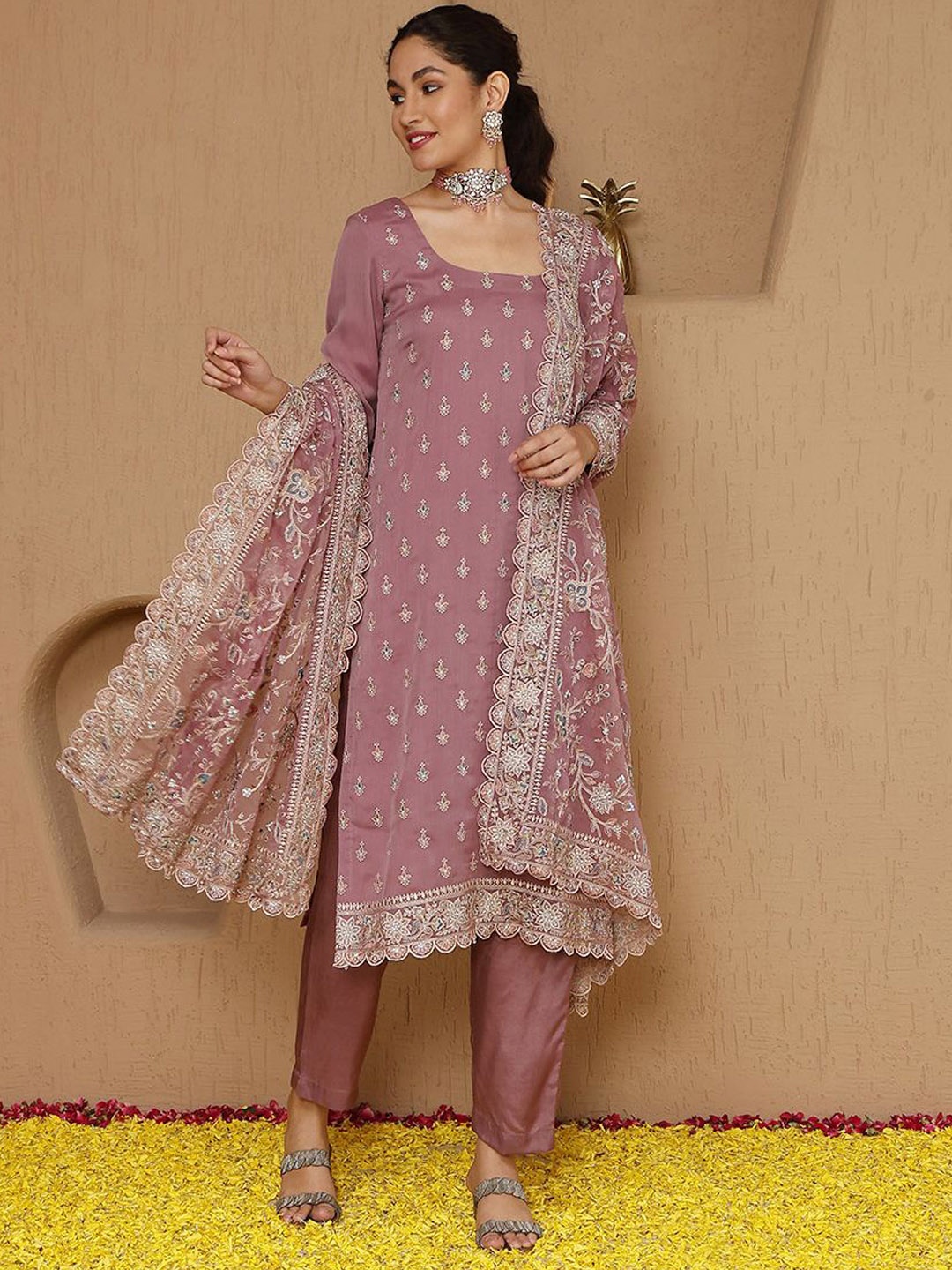 

Meena Bazaar Floral Embroidered Unstitched Dress Material, Mauve