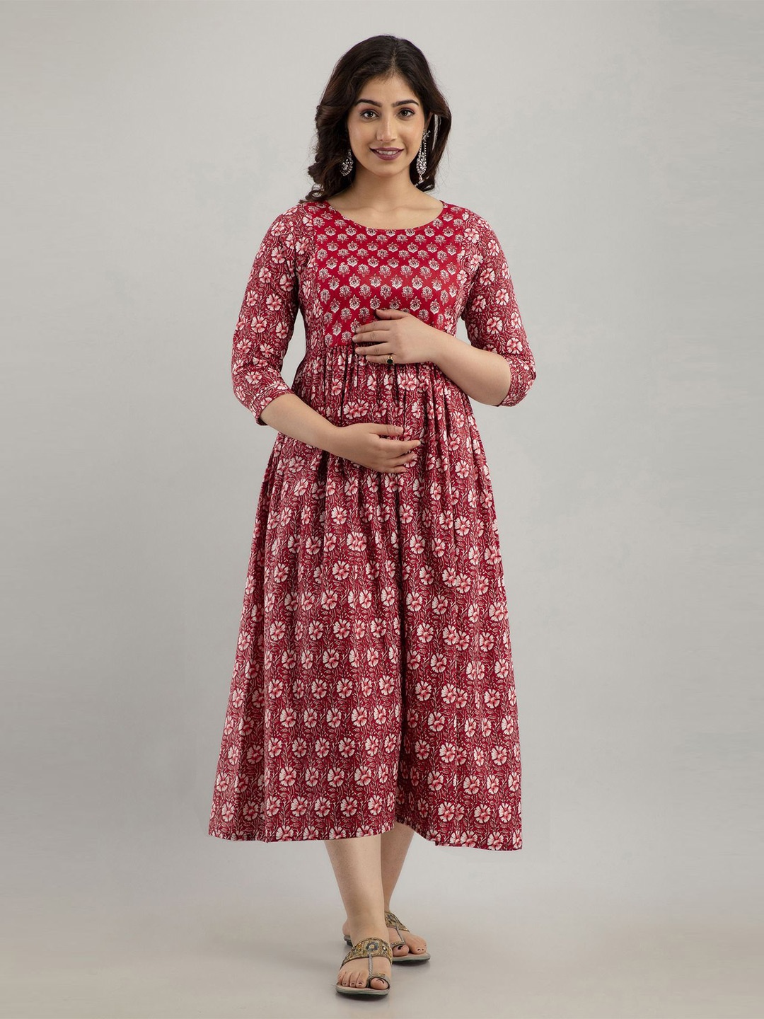 

SHOOLIN Ethnic Motifs Print Maternity Empire Midi Dress, Maroon